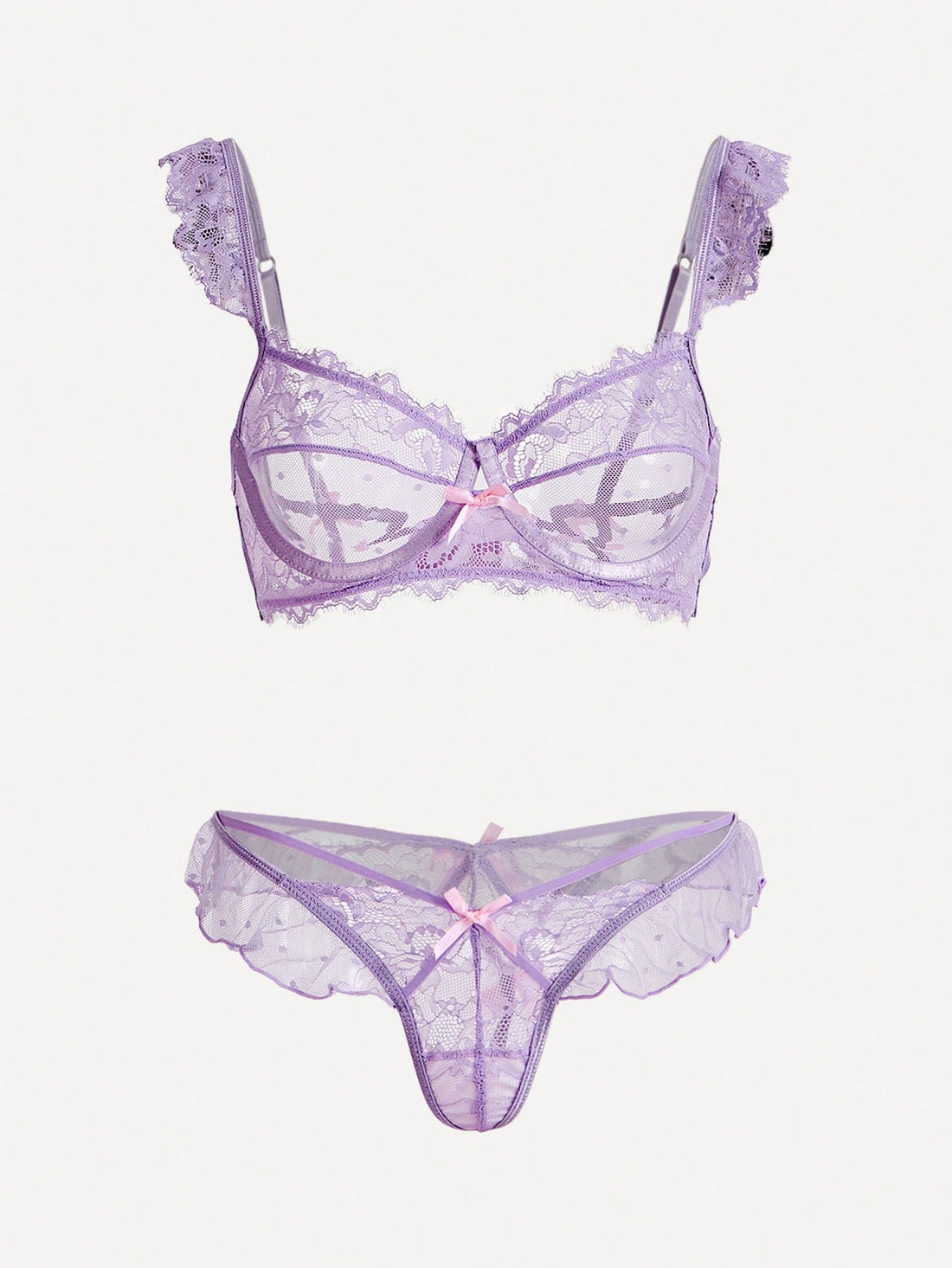 Lace Bra and Thong Set with Ruffle Trim and Bow Detail