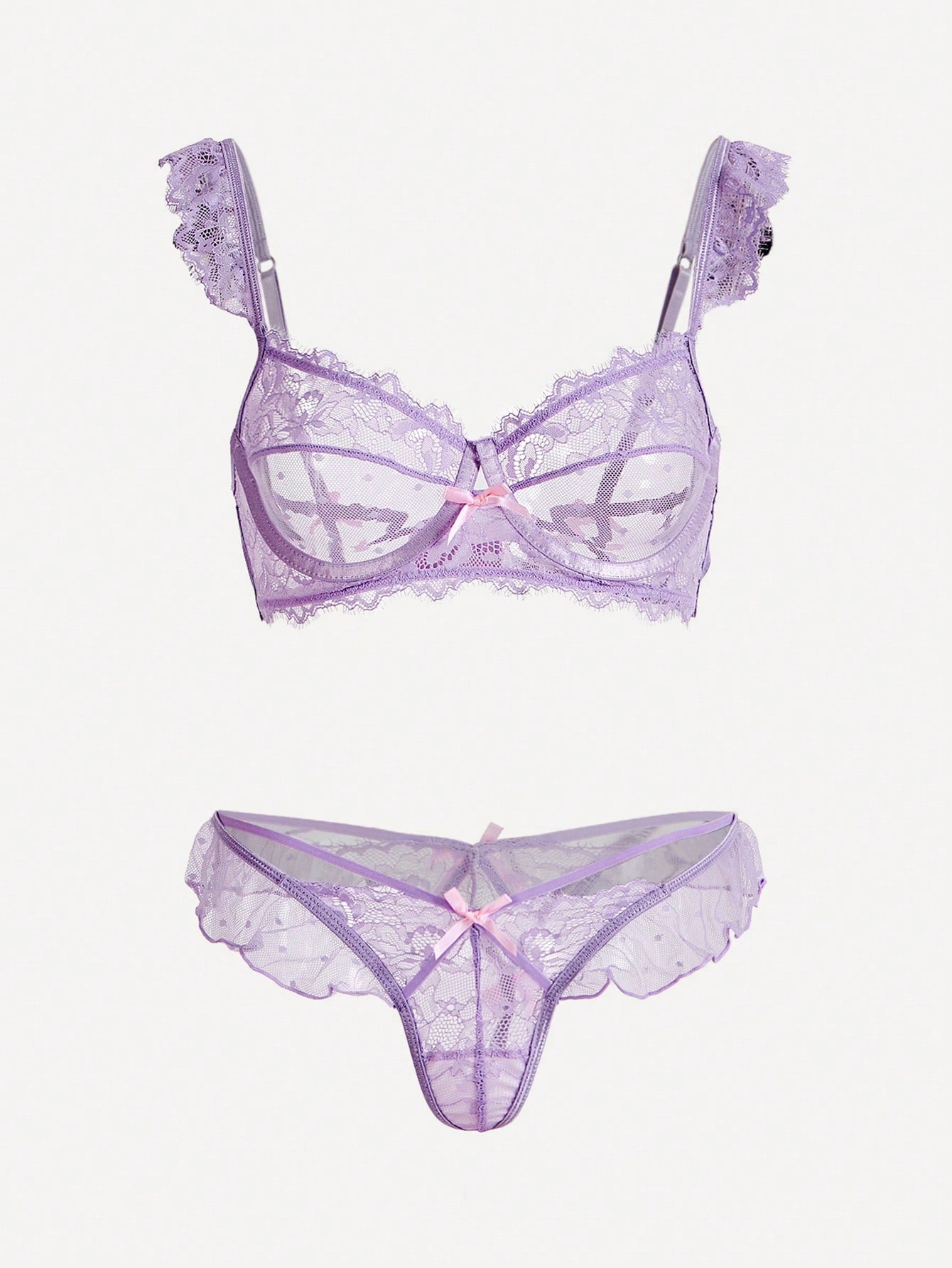 Lace Bra and Thong Set with Ruffle Trim and Bow Detail