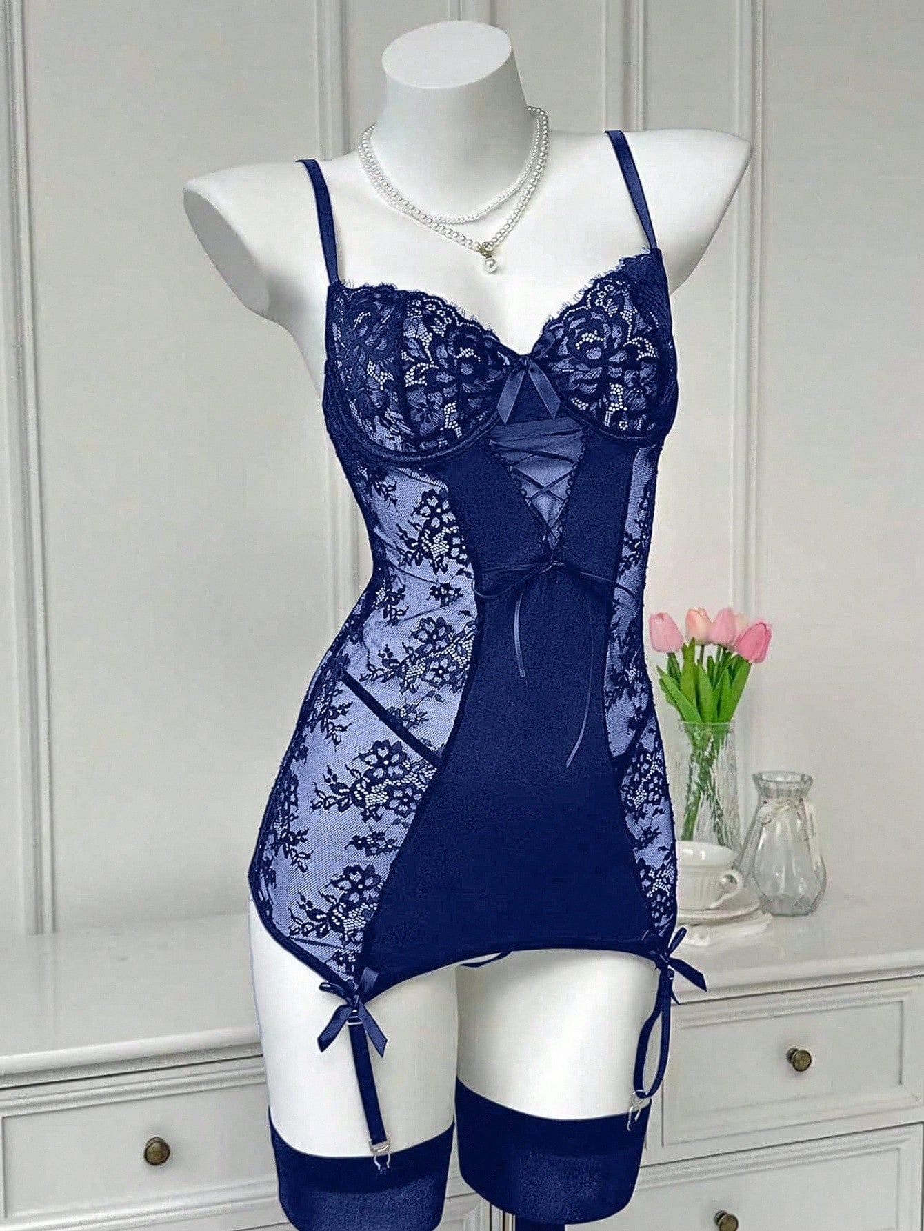 4-Piece Lace Nightwear Set with Bow Detail