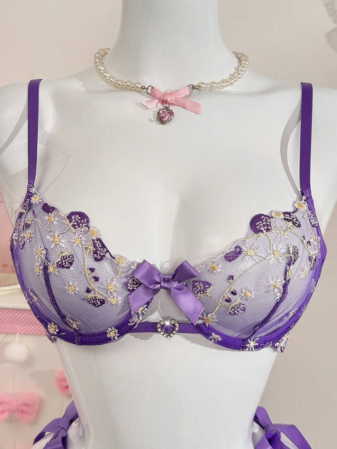 Pink Mesh Fabric Embroidered Set with Heart Detail and Bow Accent Coordinated Outfit Set