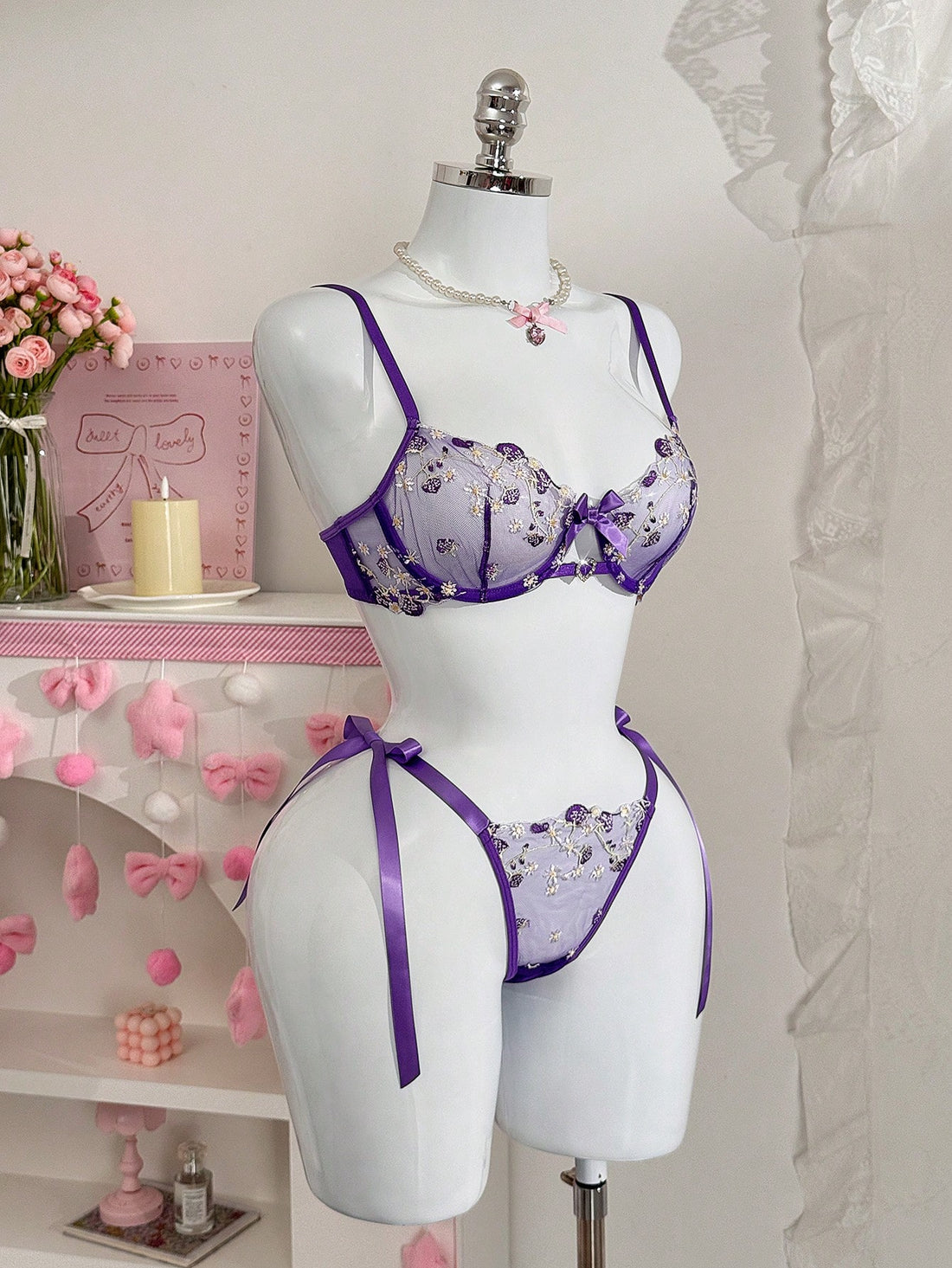 Pink Mesh Fabric Embroidered Set with Heart Detail and Bow Accent Coordinated Outfit Set