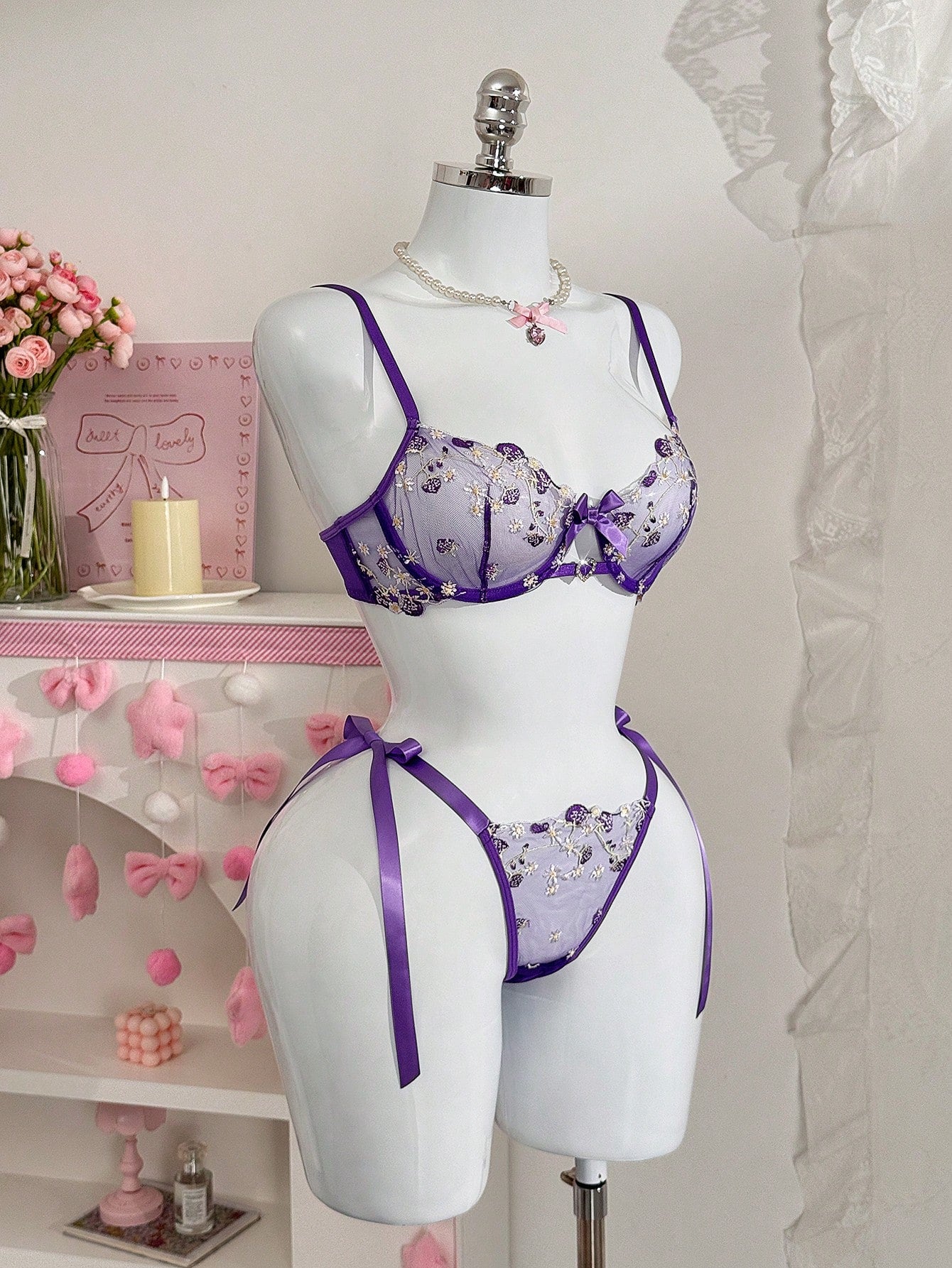 Pink Mesh Fabric Embroidered Set with Heart Detail and Bow Accent Coordinated Outfit Set
