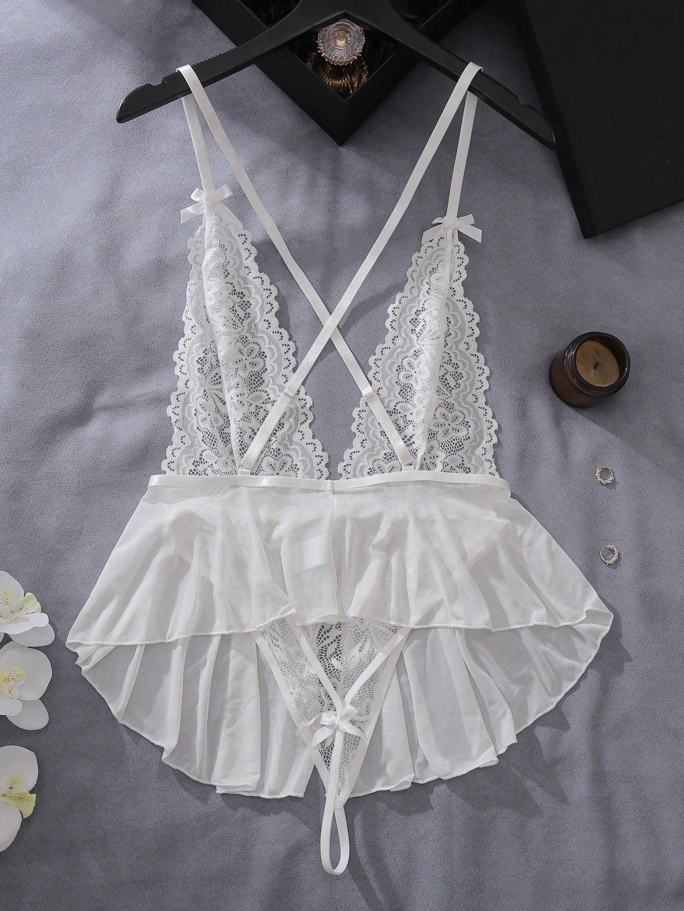 Crisscross Back Slip Dress with Lace and Mesh Detail