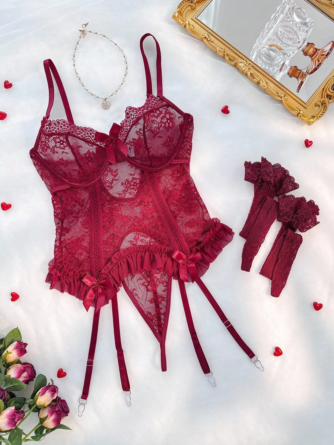 Floral Lace Underwire Garter Lingerie Set with Stockings