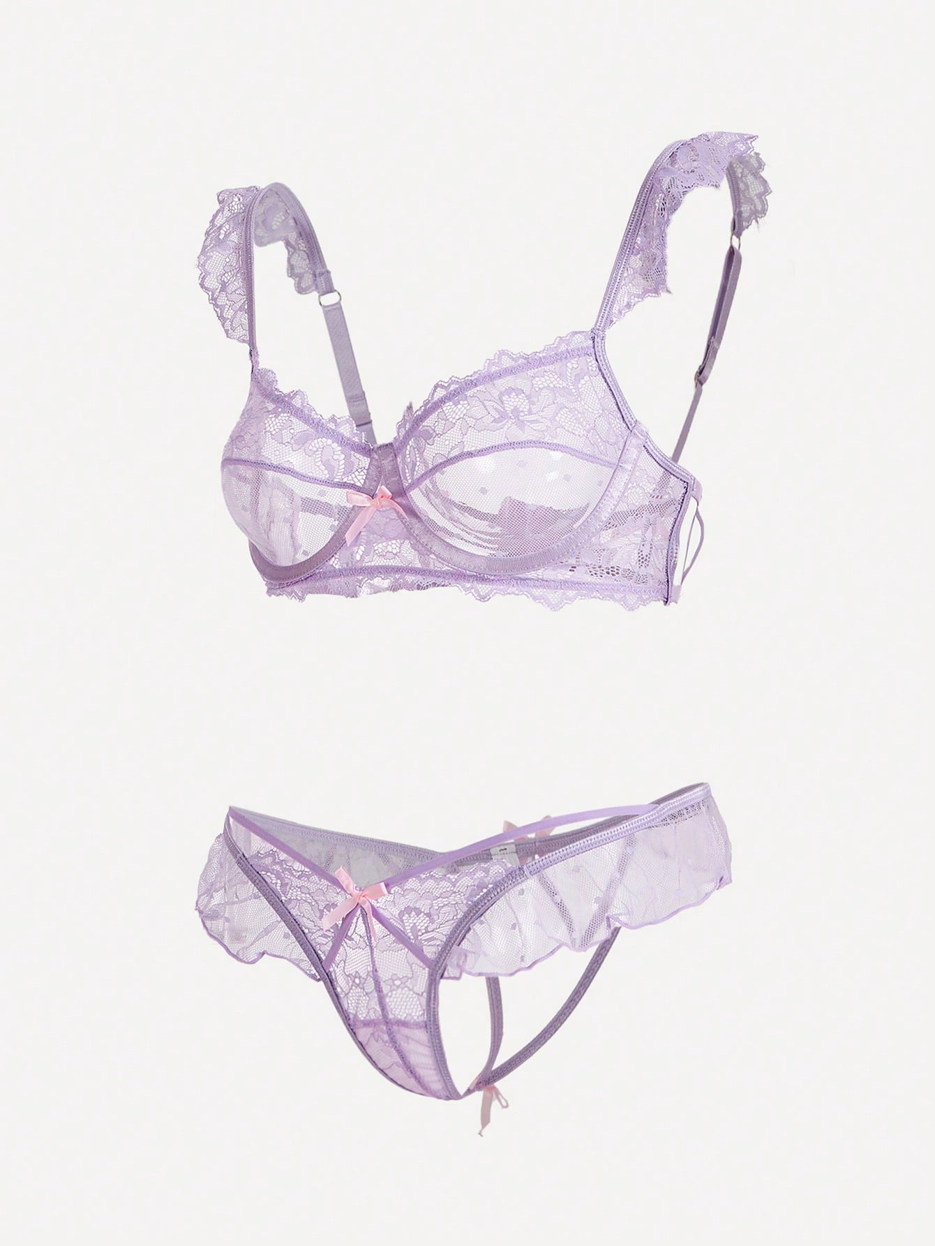 Lace Bra and Thong Set with Ruffle Trim and Bow Detail
