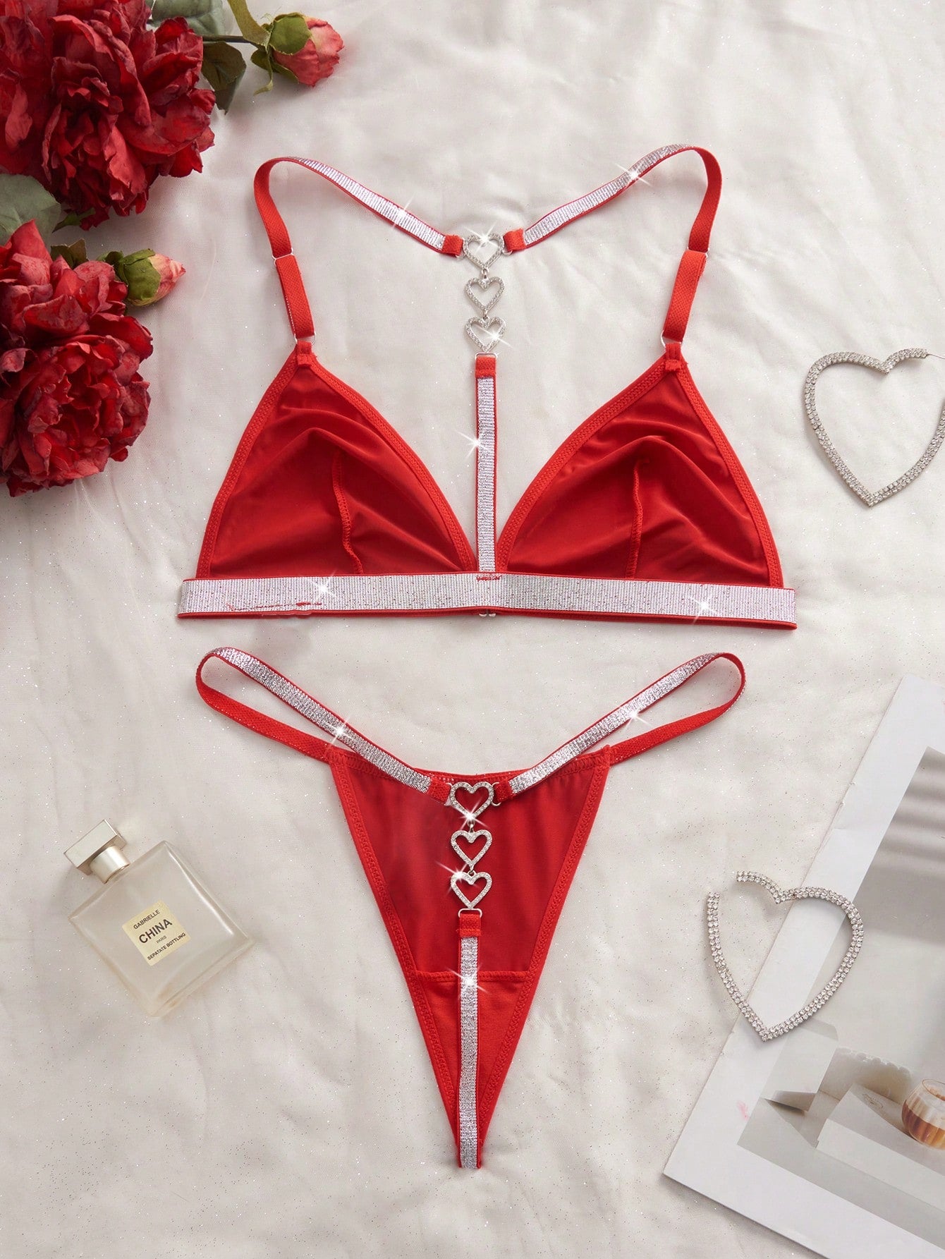 2-Piece Lingerie Set with Heart Rhinestone Detail