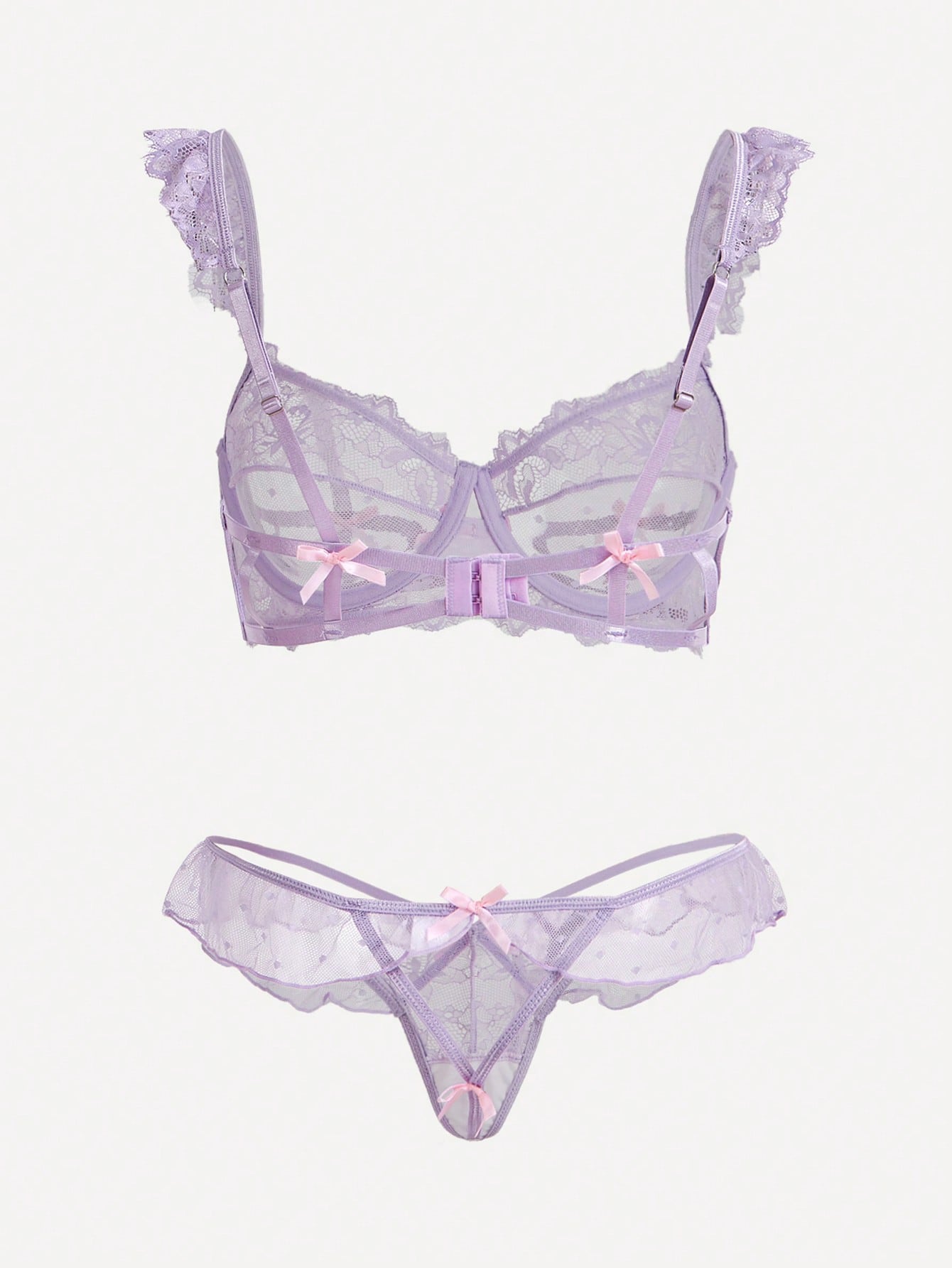 Lace Bra and Thong Set with Ruffle Trim and Bow Detail