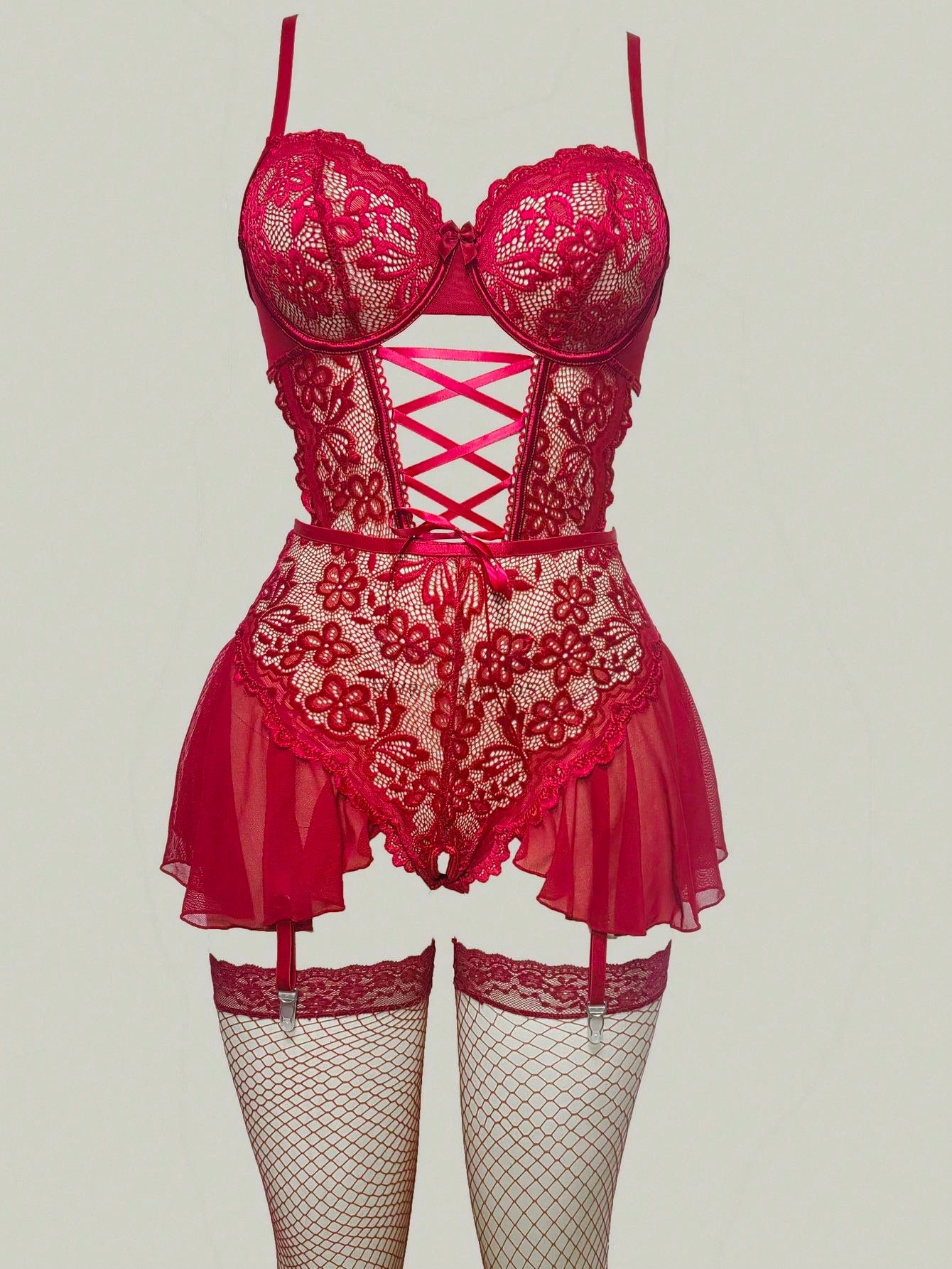 3-Piece Bodystocking Set with Lace Patchwork, Garter Belt and Stockings