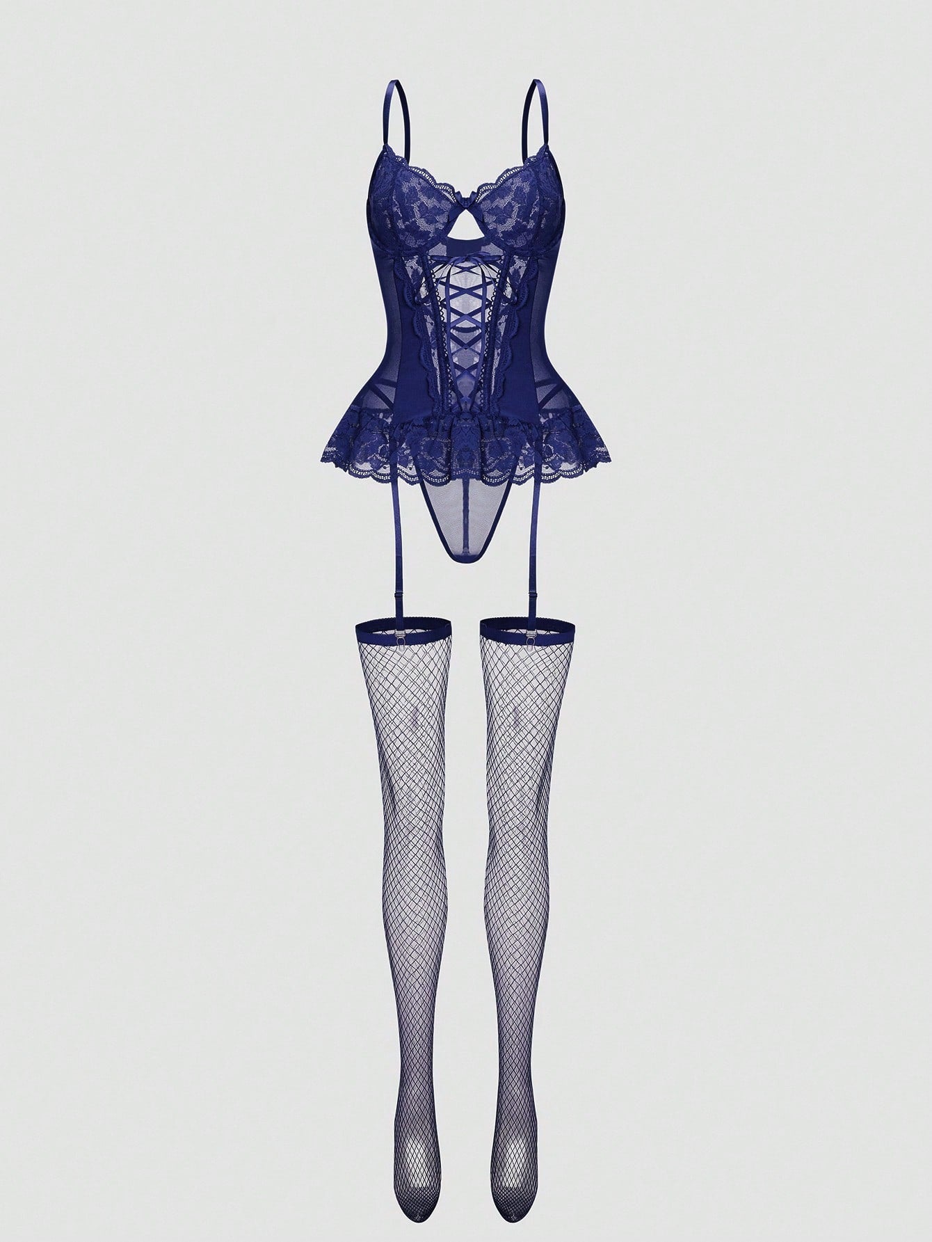 4-Piece Contrast Mesh and Ruffle Trim Set with Structured Top Matching Bottom and Stockings Coordinated Outfit Set