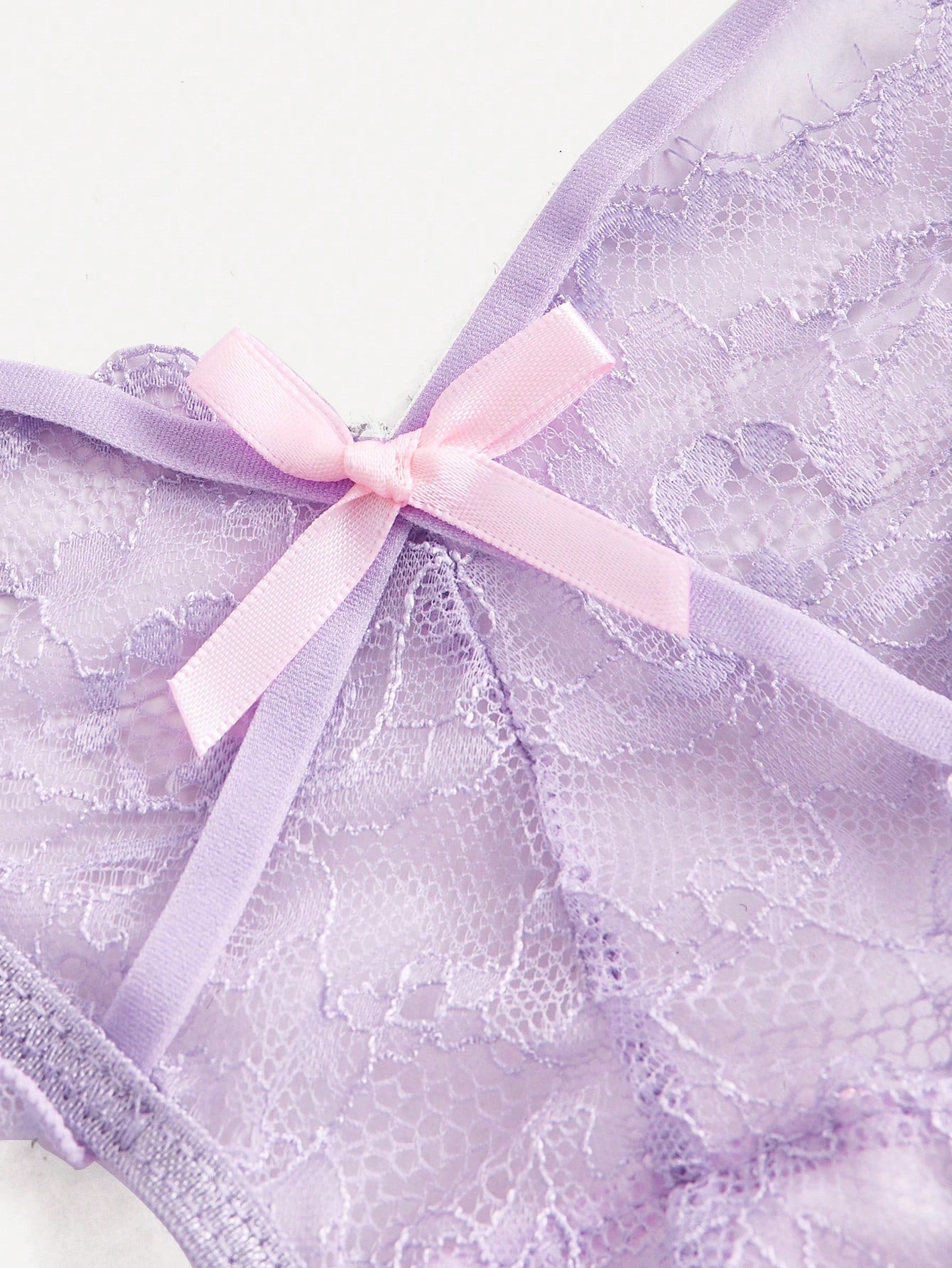 Lace Bra and Thong Set with Ruffle Trim and Bow Detail