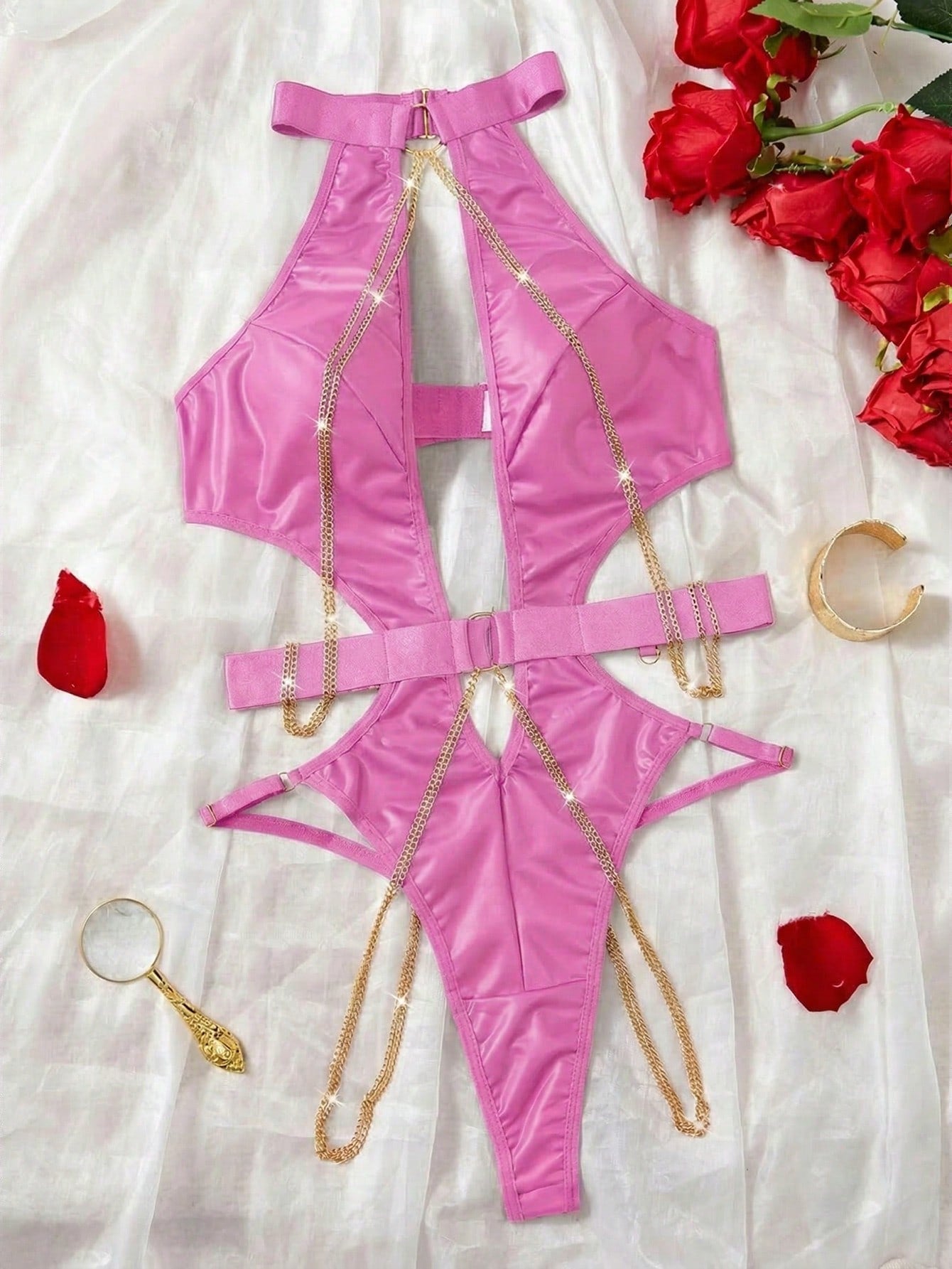 Synthetic Leather Effect Metallic Chain Detail Bodysuit Style Outfit Coordinated Set