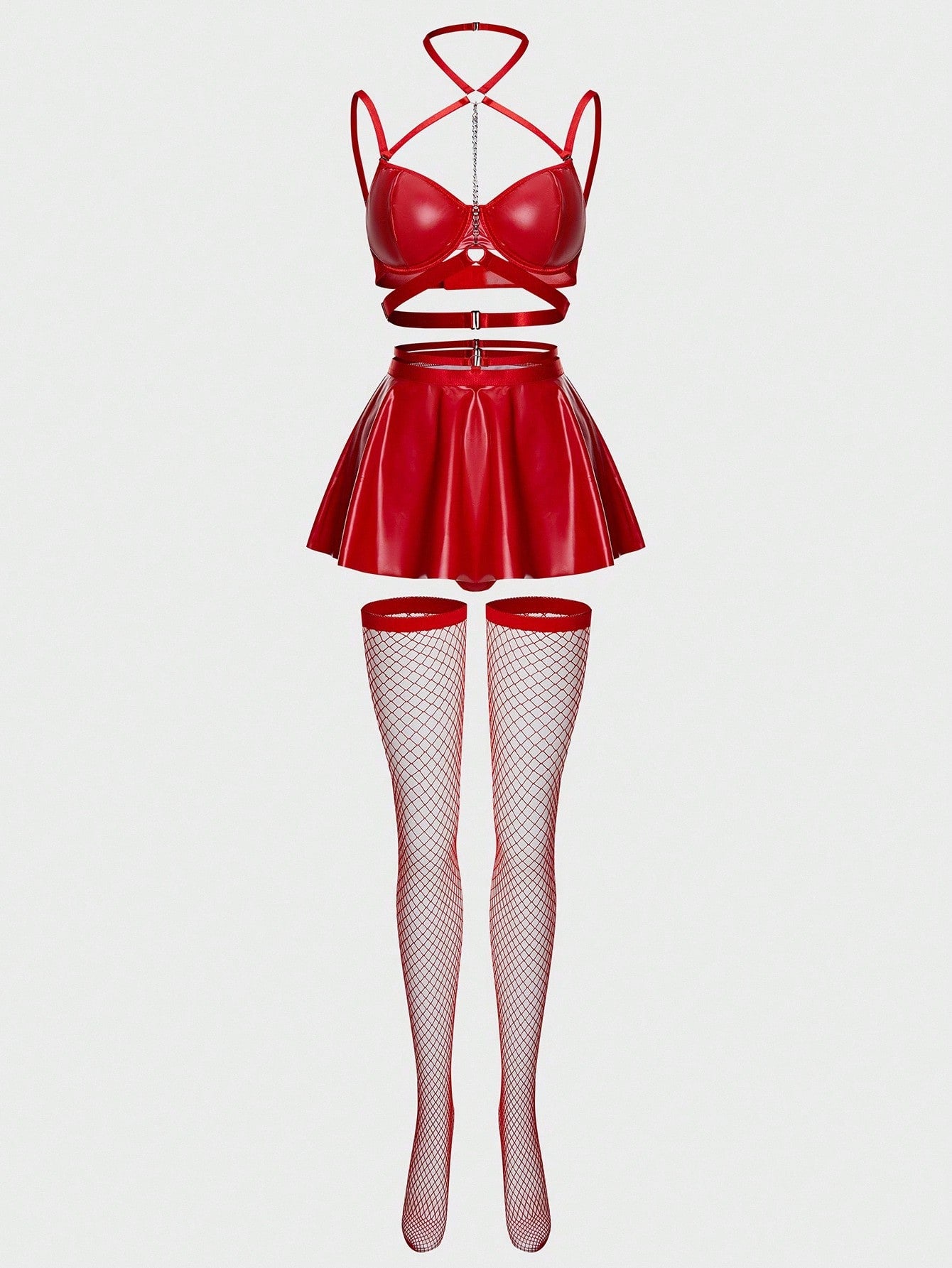 5-Piece Set with Halter Bralette, Mini Skirt and Fishnet Stockings