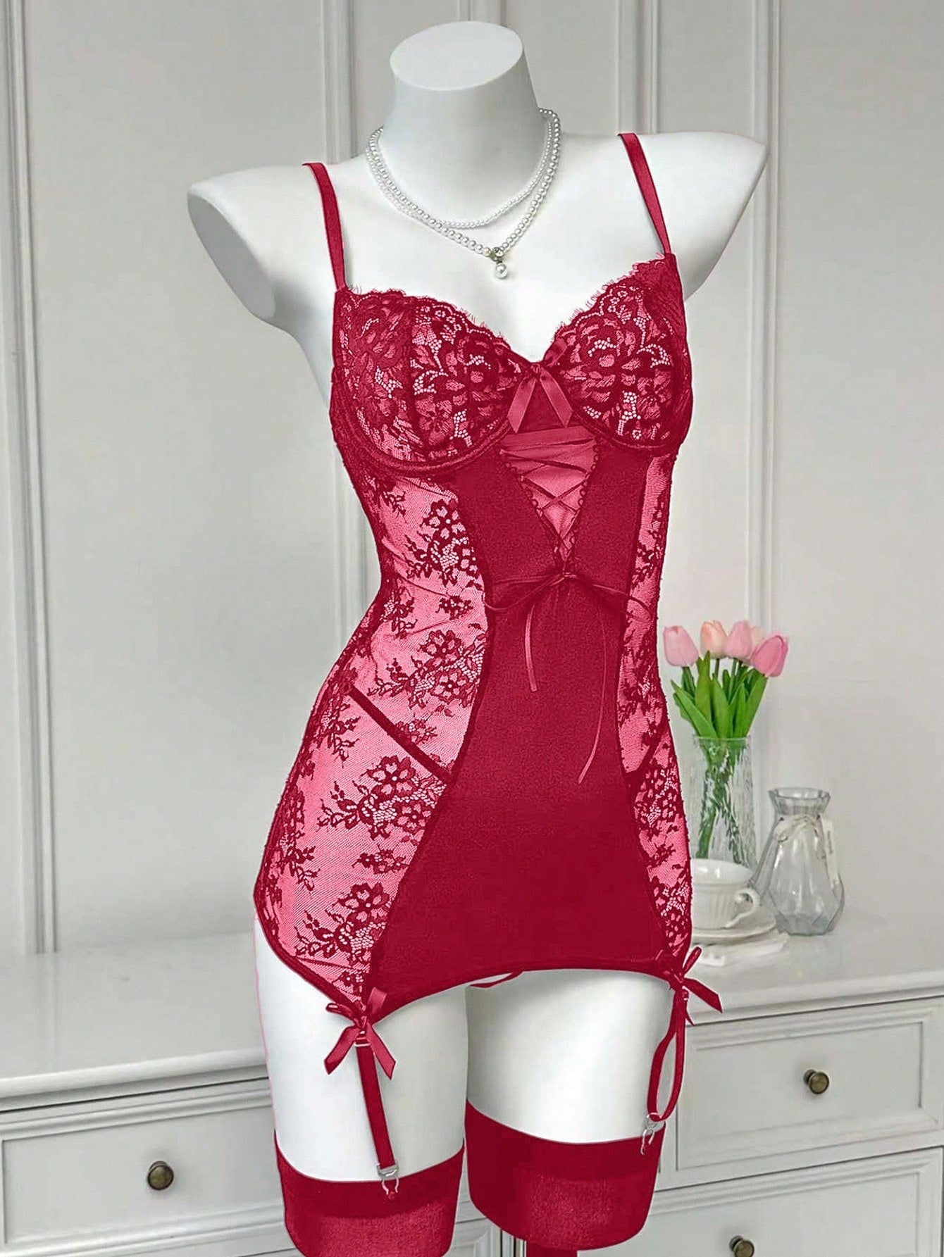 4-Piece Lace Nightwear Set with Bow Detail