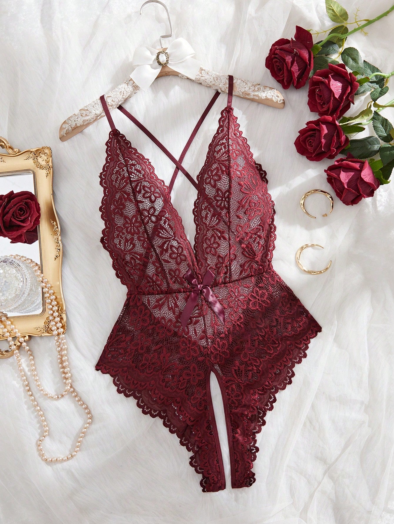 Floral Lace Teddy Bodysuit with Scallop Trim Detail