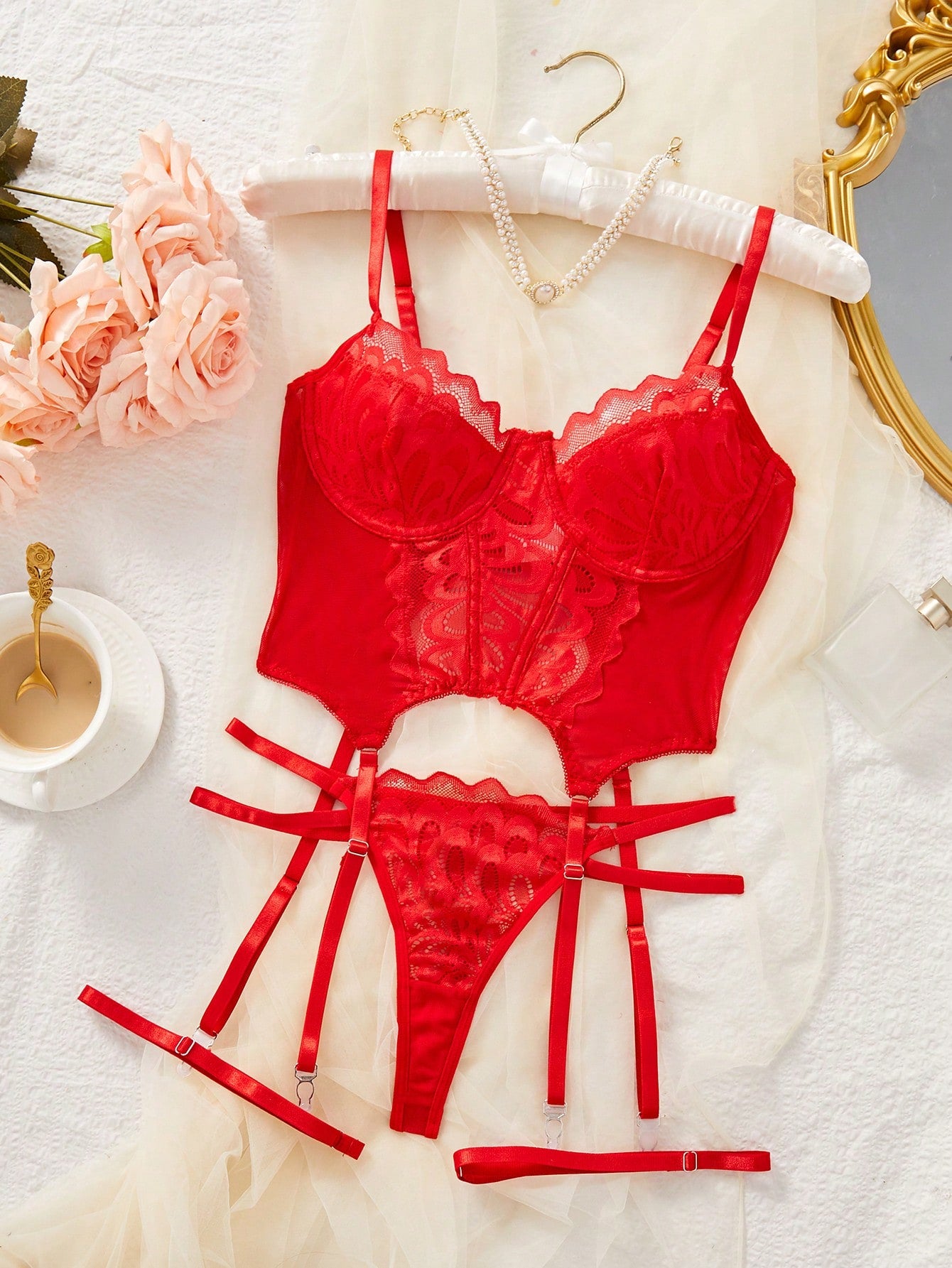 Floral Lace Underwire Garter Lingerie Set