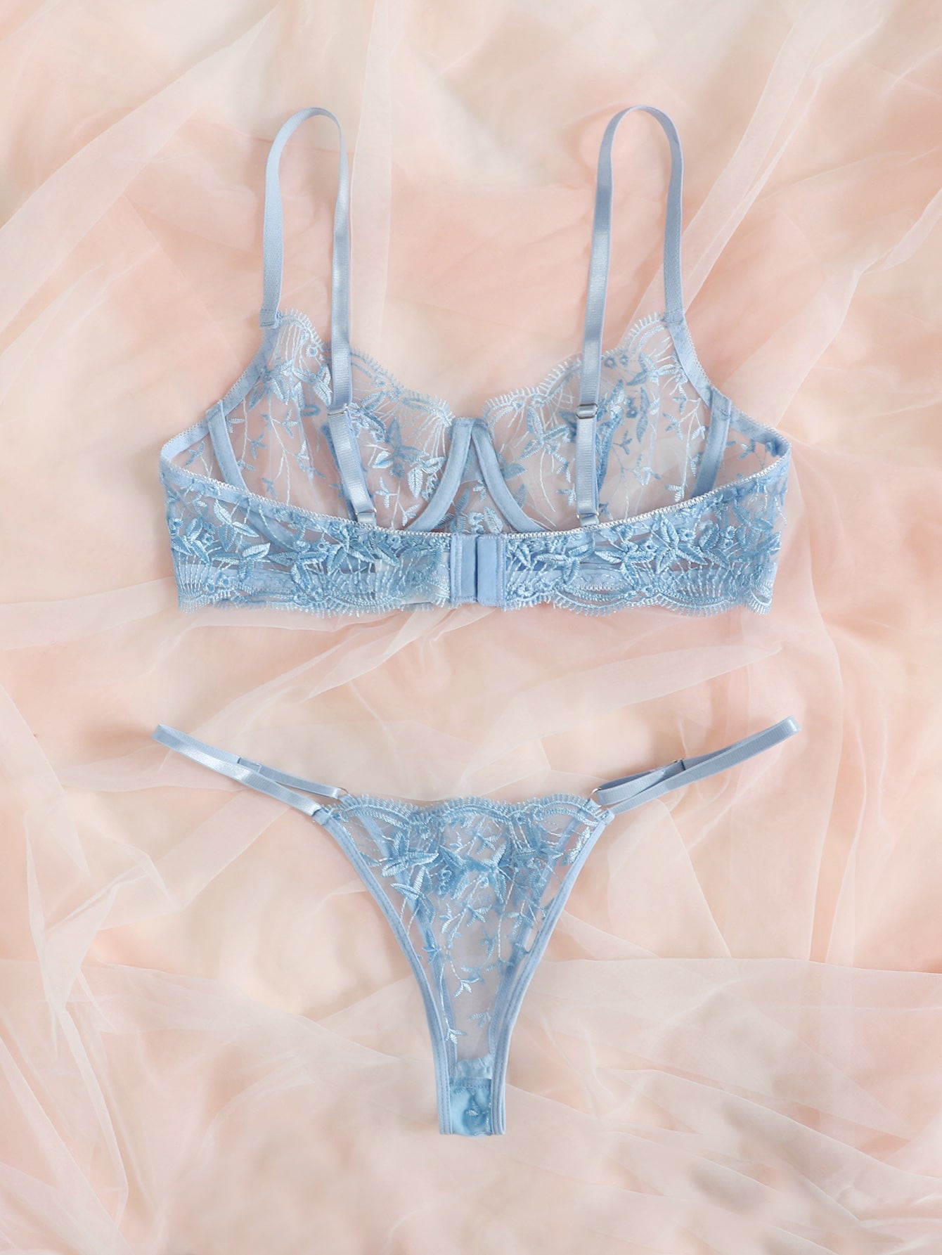 Embroidered sheer mesh demi bra and low-rise thong lingerie set with plant pattern and adjustable spaghetti straps