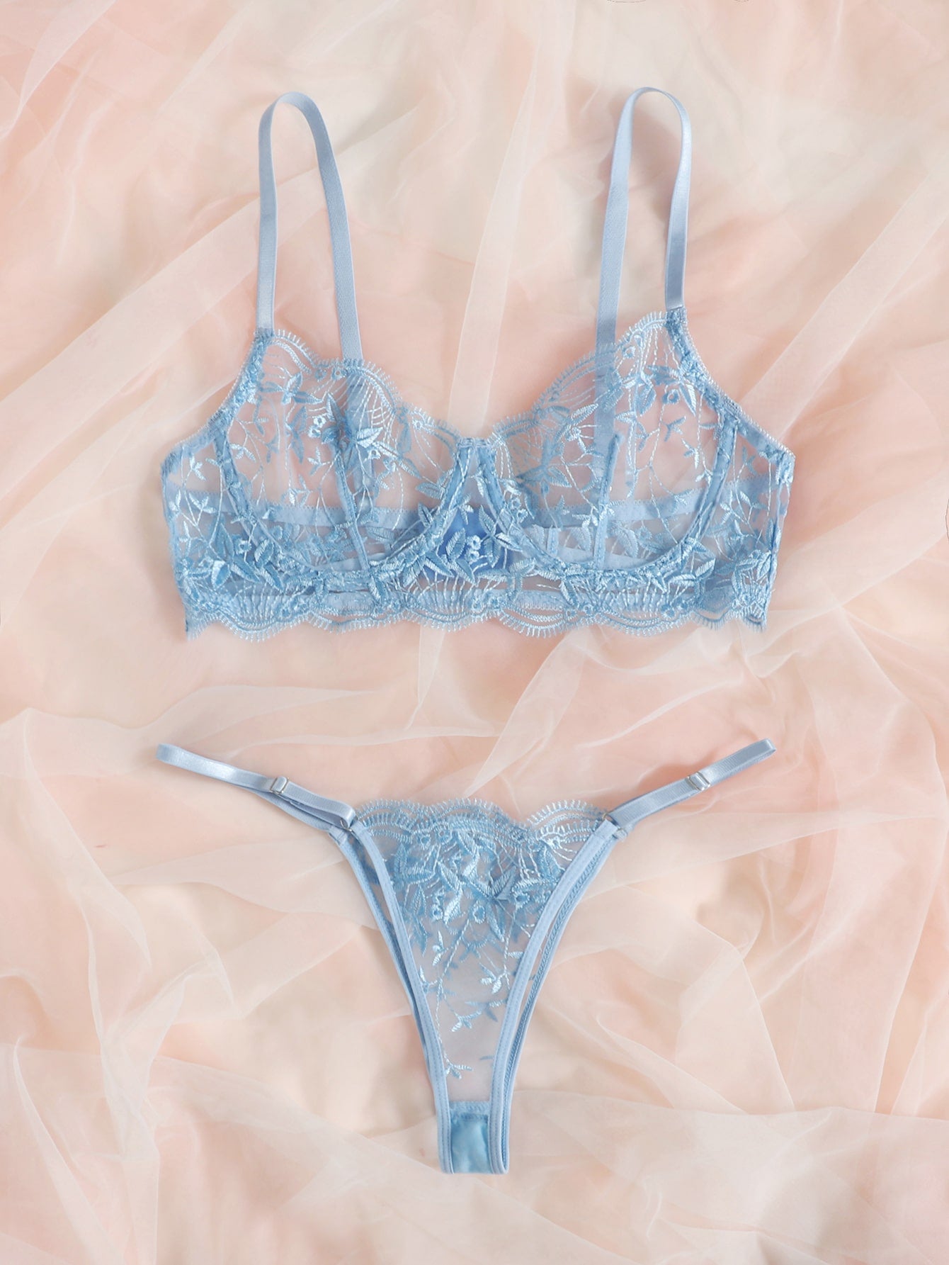 Embroidered sheer mesh demi bra and low-rise thong lingerie set with plant pattern and adjustable spaghetti straps