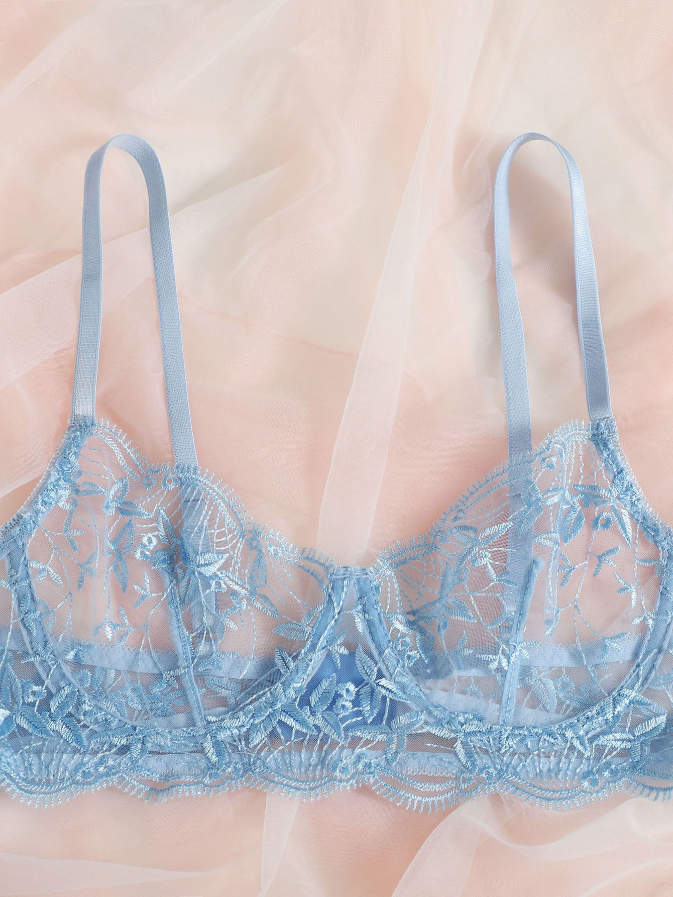 Embroidered sheer mesh demi bra and low-rise thong lingerie set with plant pattern and adjustable spaghetti straps