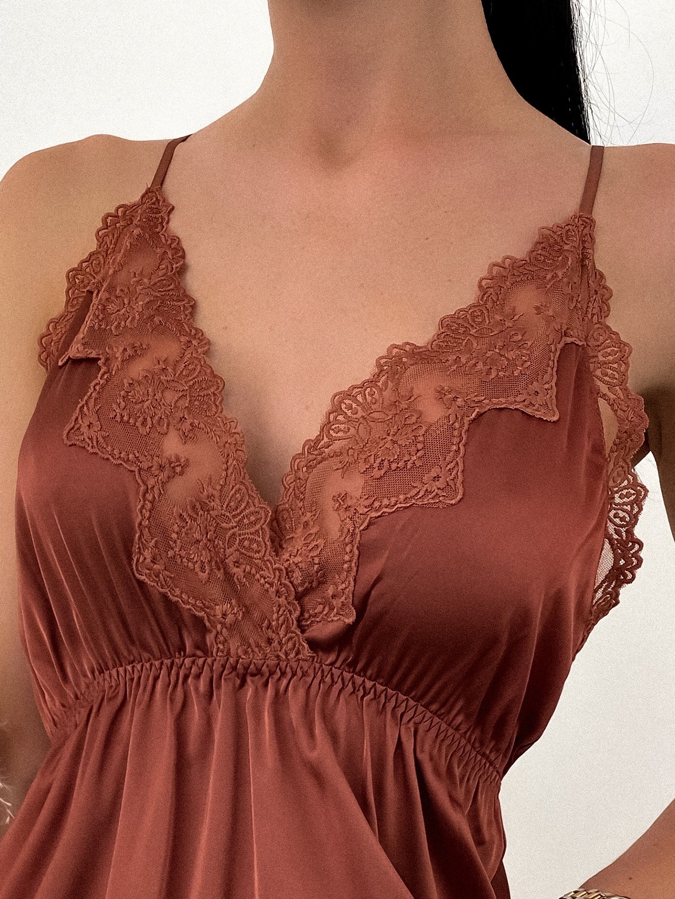 Contrast Lace Satin Slip Pajama Nightdress Luxeloungewear
