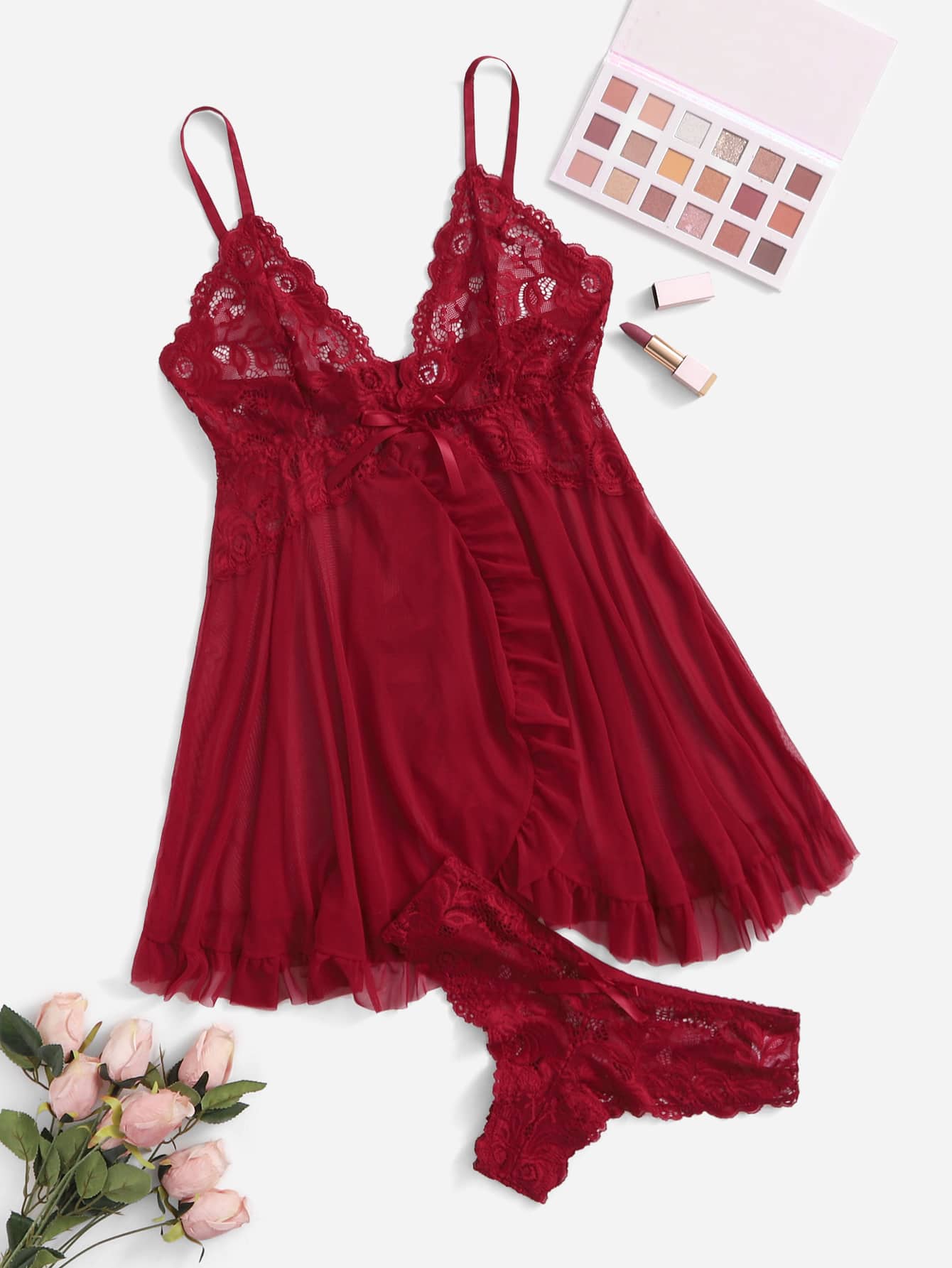 Contrast Lace Mesh Babydoll Sexy Lingerie Dress With Thong