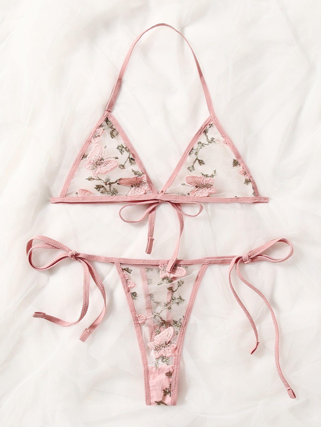 Women’s butterfly and floral embroidery mesh lingerie set with contrast lace, adjustable halter bralette, and matching low-rise thong, shown as a 2-piece semi-sheer set.