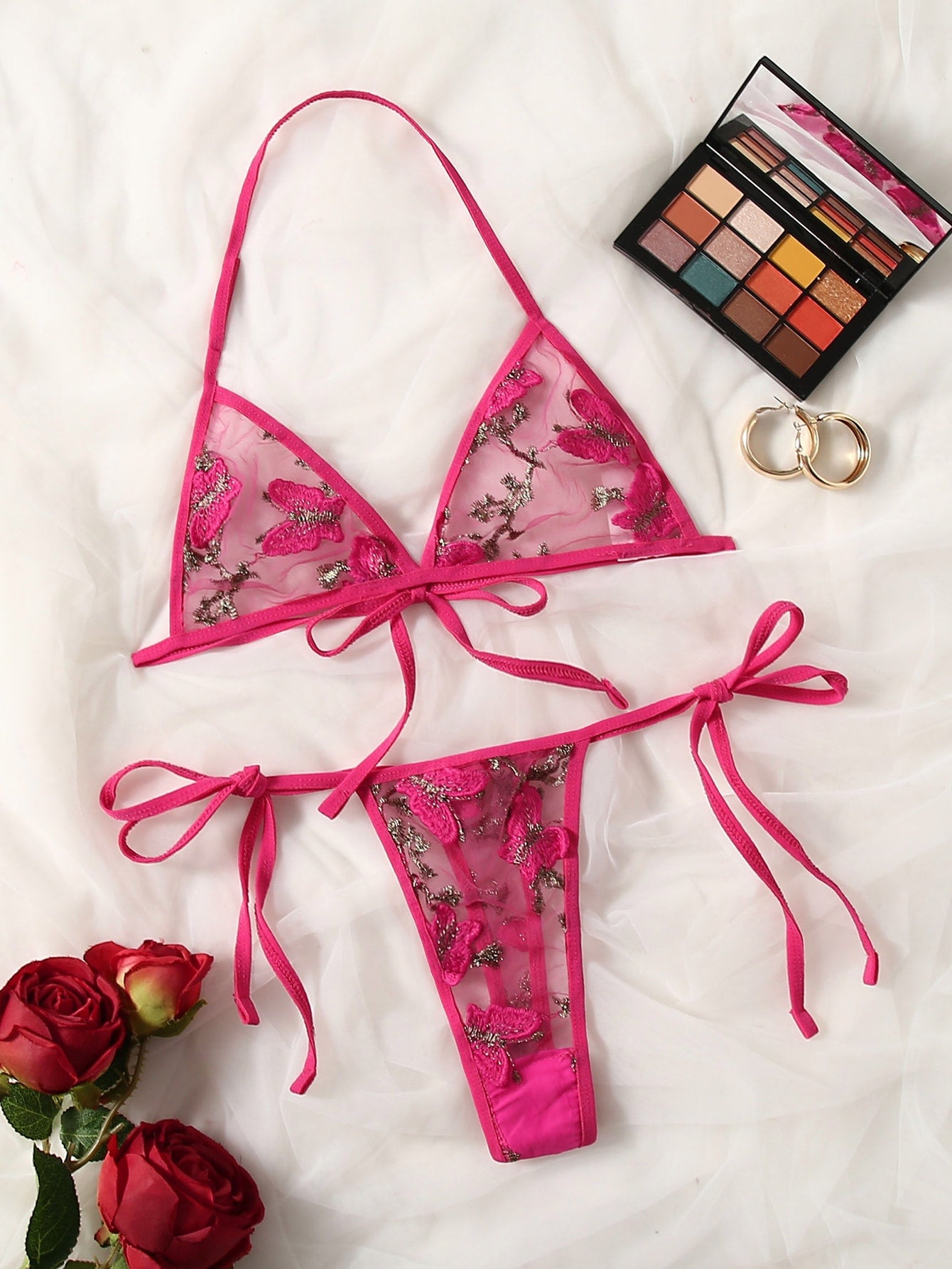 Women’s butterfly and floral embroidery mesh lingerie set with contrast lace, adjustable halter bralette, and matching low-rise thong, shown as a 2-piece semi-sheer set.
