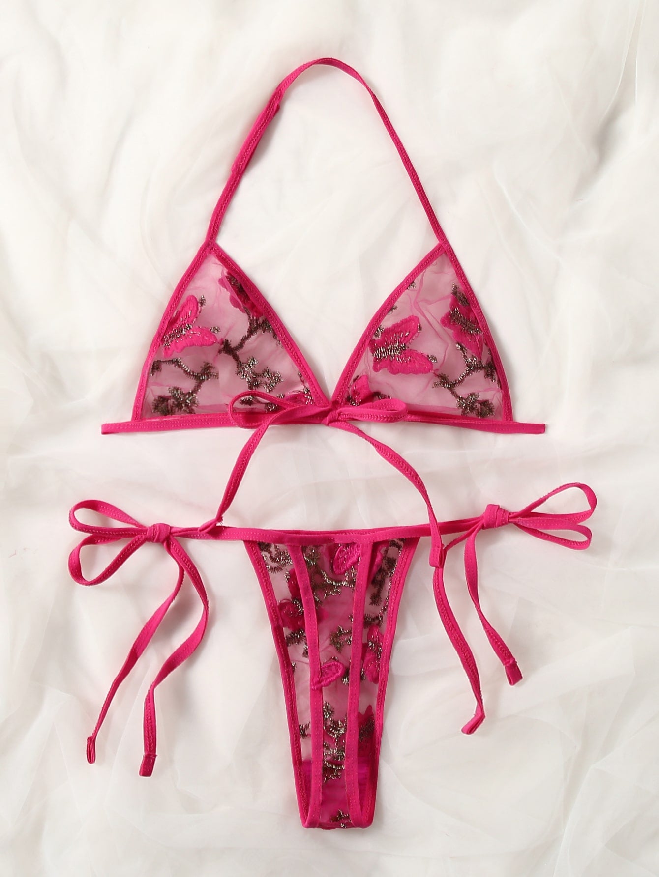 Women’s butterfly and floral embroidery mesh lingerie set with contrast lace, adjustable halter bralette, and matching low-rise thong, shown as a 2-piece semi-sheer set.