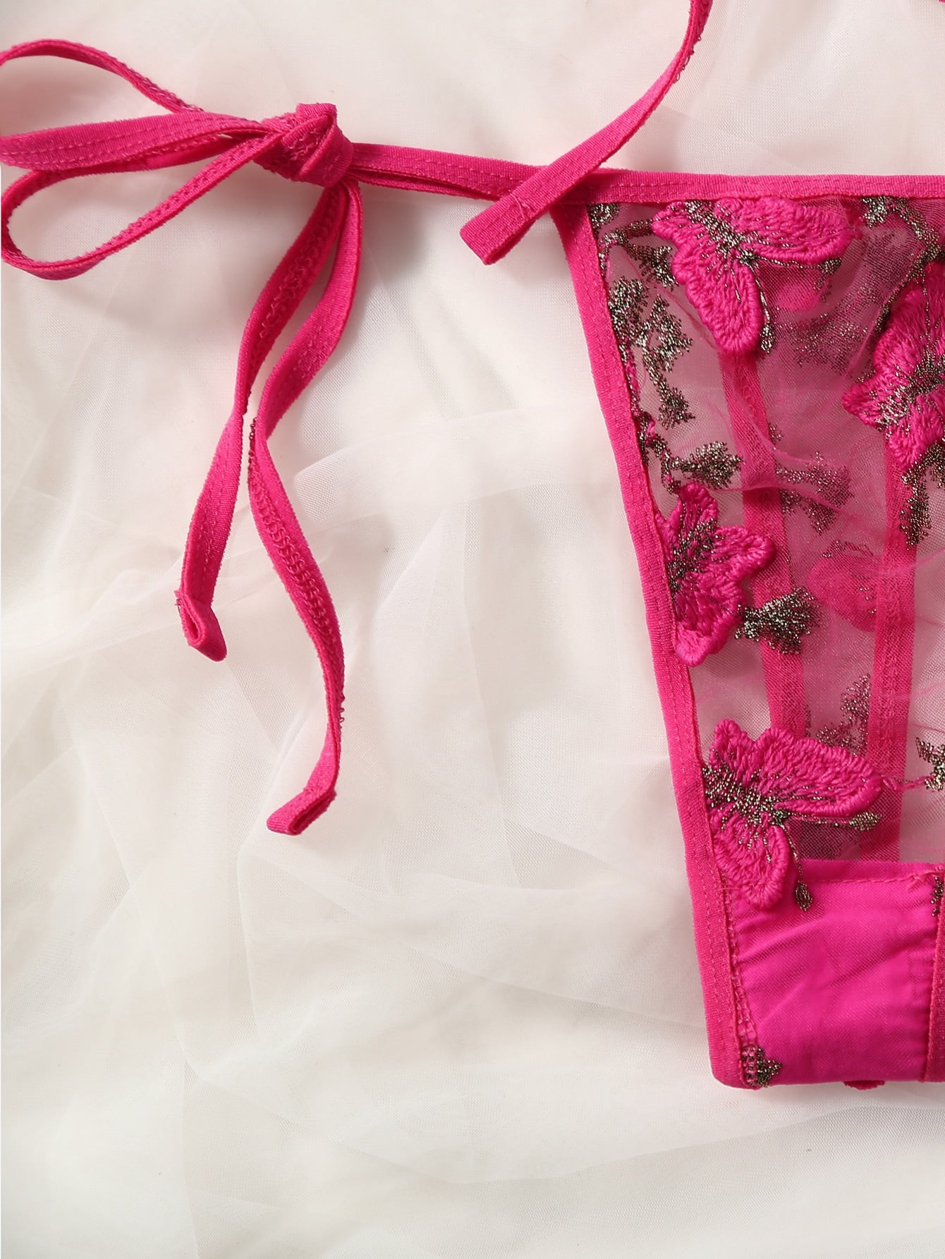 Women’s butterfly and floral embroidery mesh lingerie set with contrast lace, adjustable halter bralette, and matching low-rise thong, shown as a 2-piece semi-sheer set.