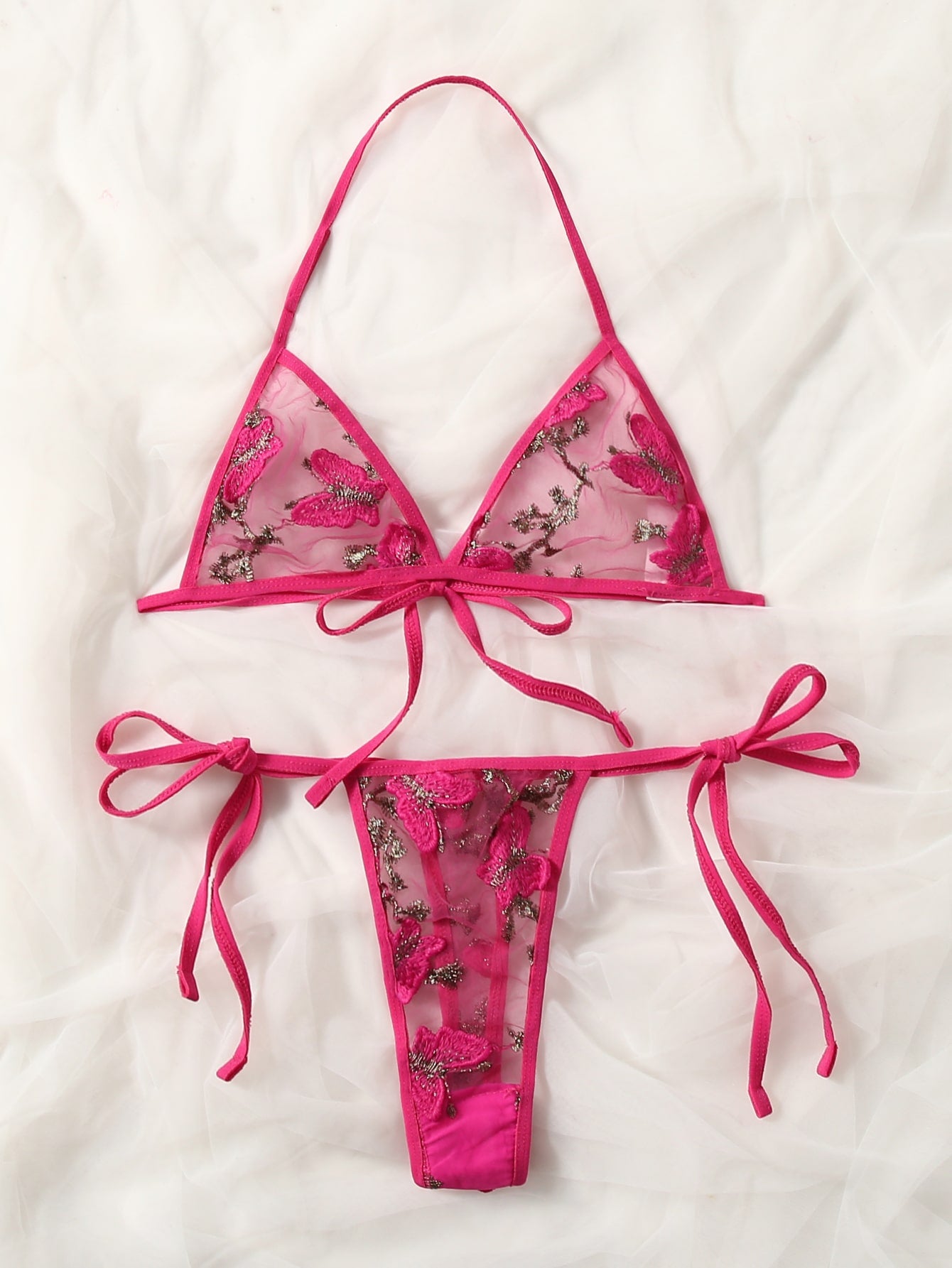 Women’s butterfly and floral embroidery mesh lingerie set with contrast lace, adjustable halter bralette, and matching low-rise thong, shown as a 2-piece semi-sheer set.