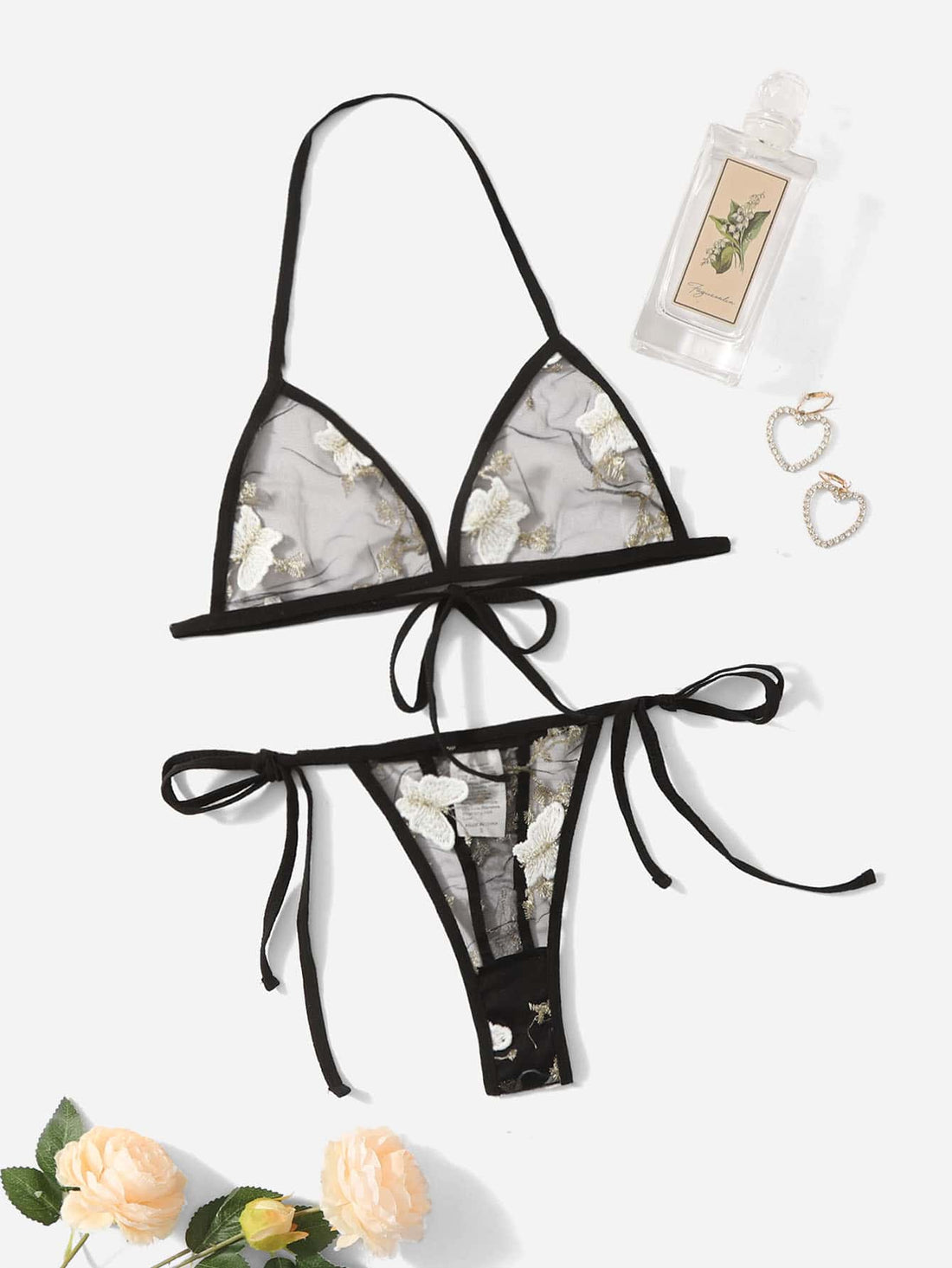 Women’s butterfly and floral embroidery mesh lingerie set with contrast lace, adjustable halter bralette, and matching low-rise thong, shown as a 2-piece semi-sheer set.