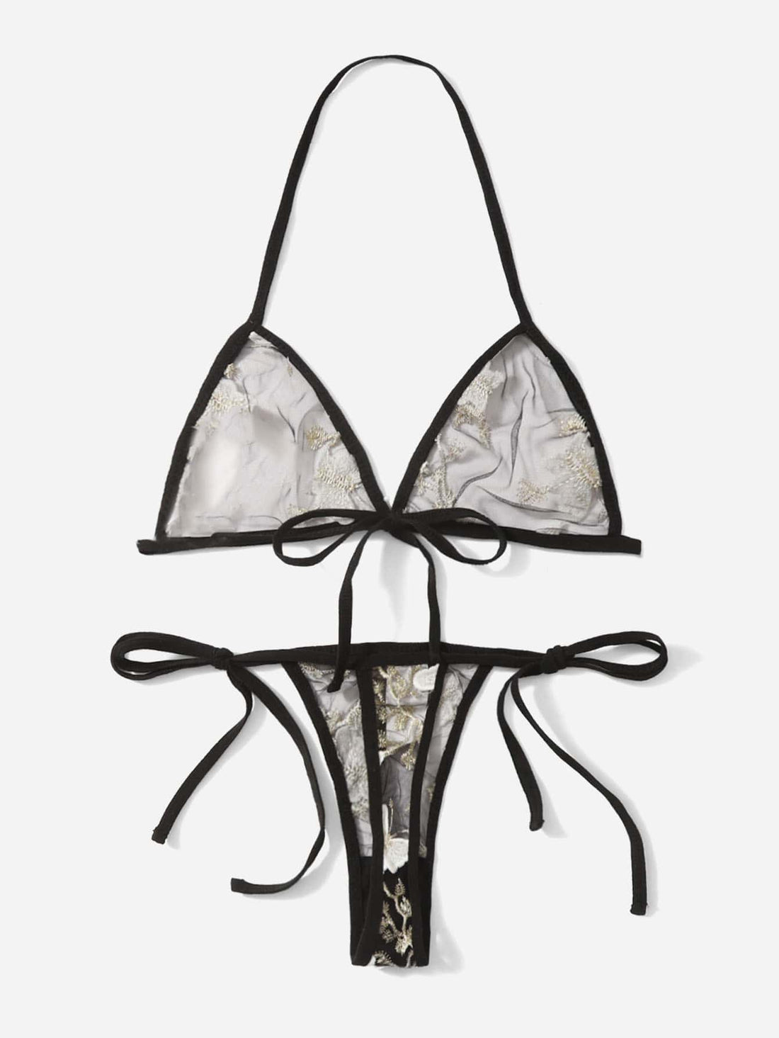 Women’s butterfly and floral embroidery mesh lingerie set with contrast lace, adjustable halter bralette, and matching low-rise thong, shown as a 2-piece semi-sheer set.
