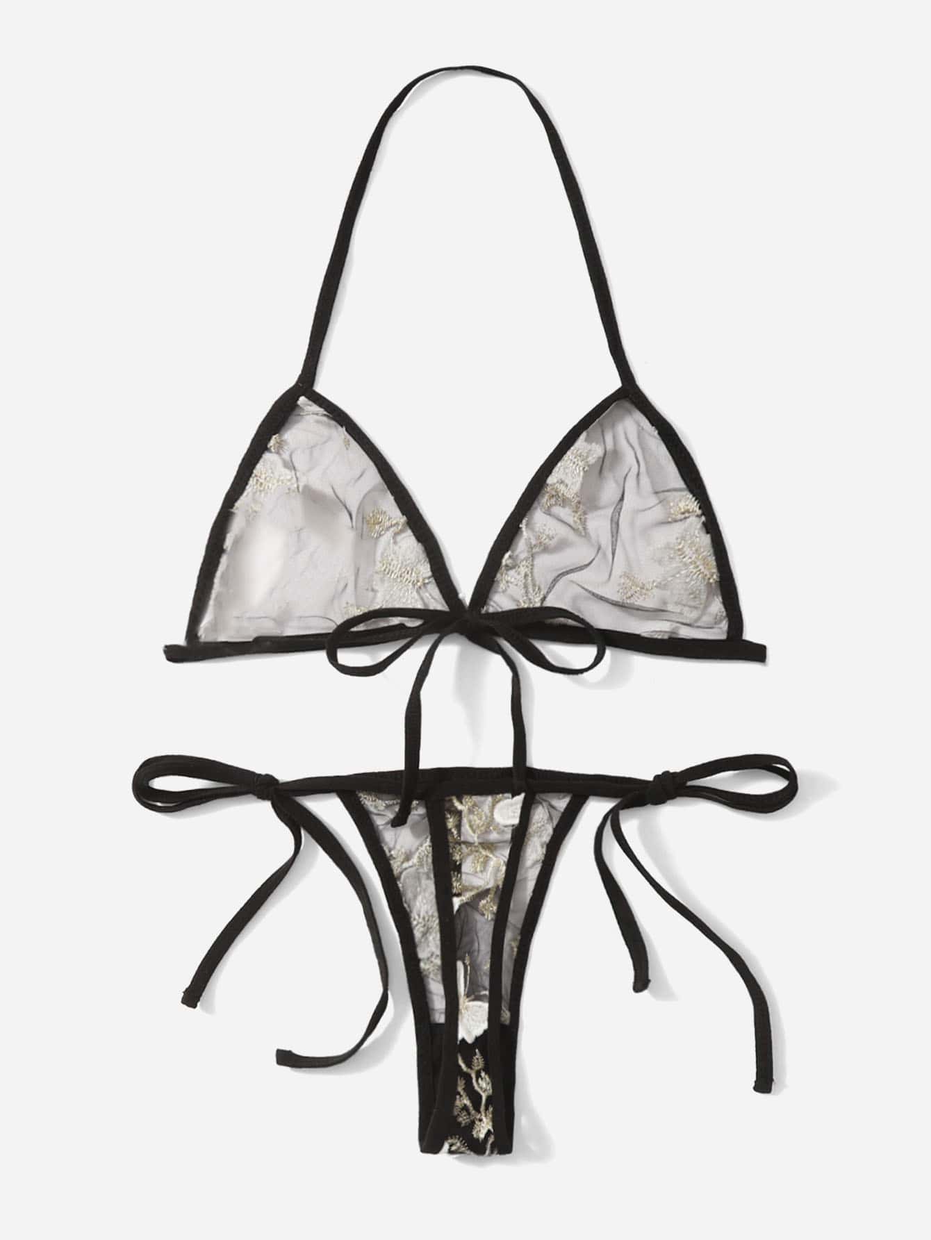 Women’s butterfly and floral embroidery mesh lingerie set with contrast lace, adjustable halter bralette, and matching low-rise thong, shown as a 2-piece semi-sheer set.