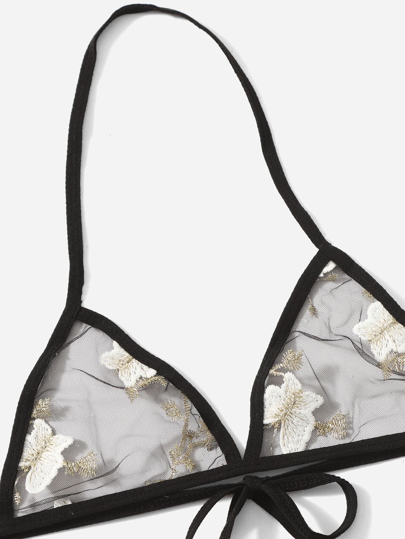 Women’s butterfly and floral embroidery mesh lingerie set with contrast lace, adjustable halter bralette, and matching low-rise thong, shown as a 2-piece semi-sheer set.
