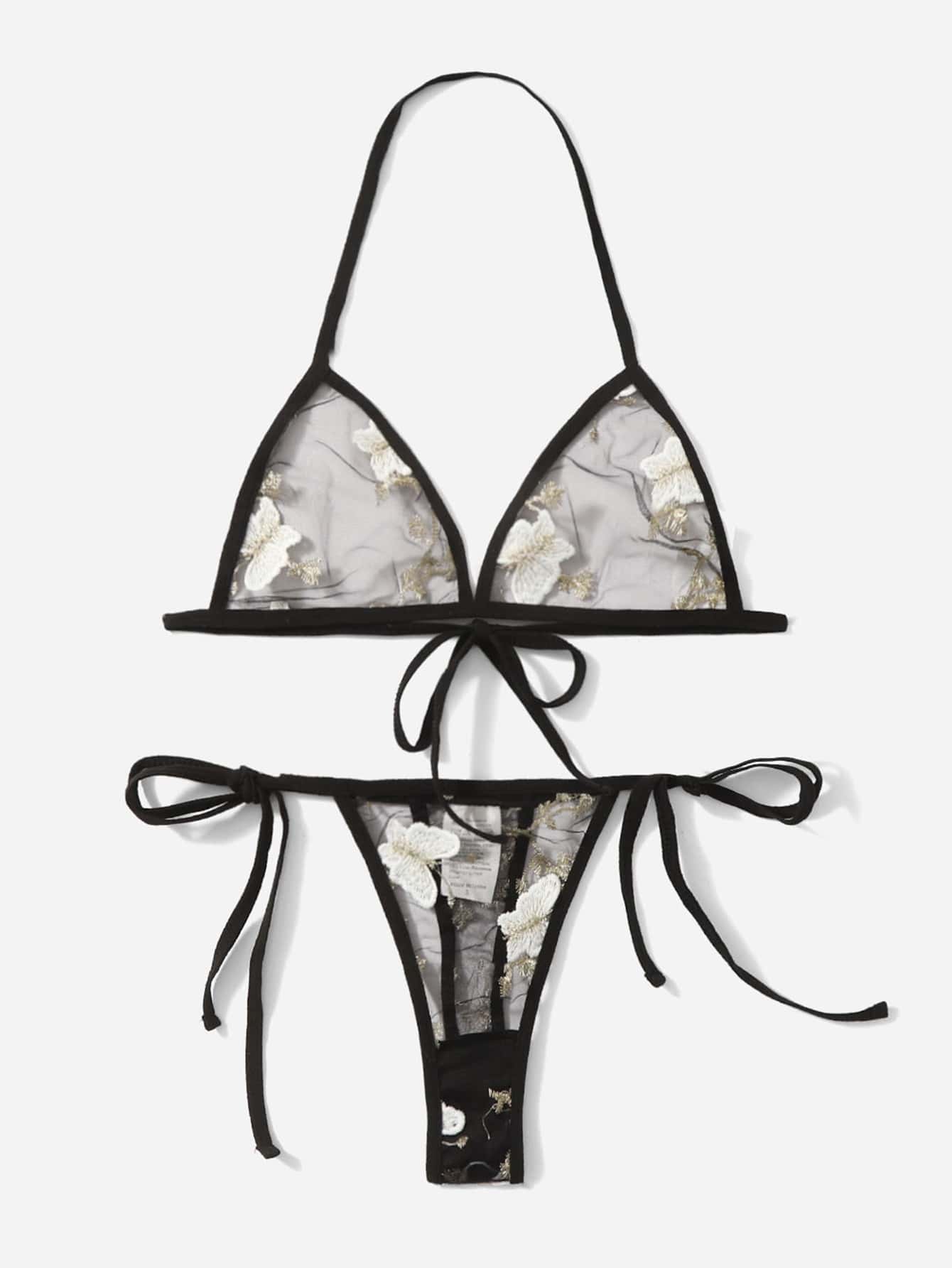 Women’s butterfly and floral embroidery mesh lingerie set with contrast lace, adjustable halter bralette, and matching low-rise thong, shown as a 2-piece semi-sheer set.