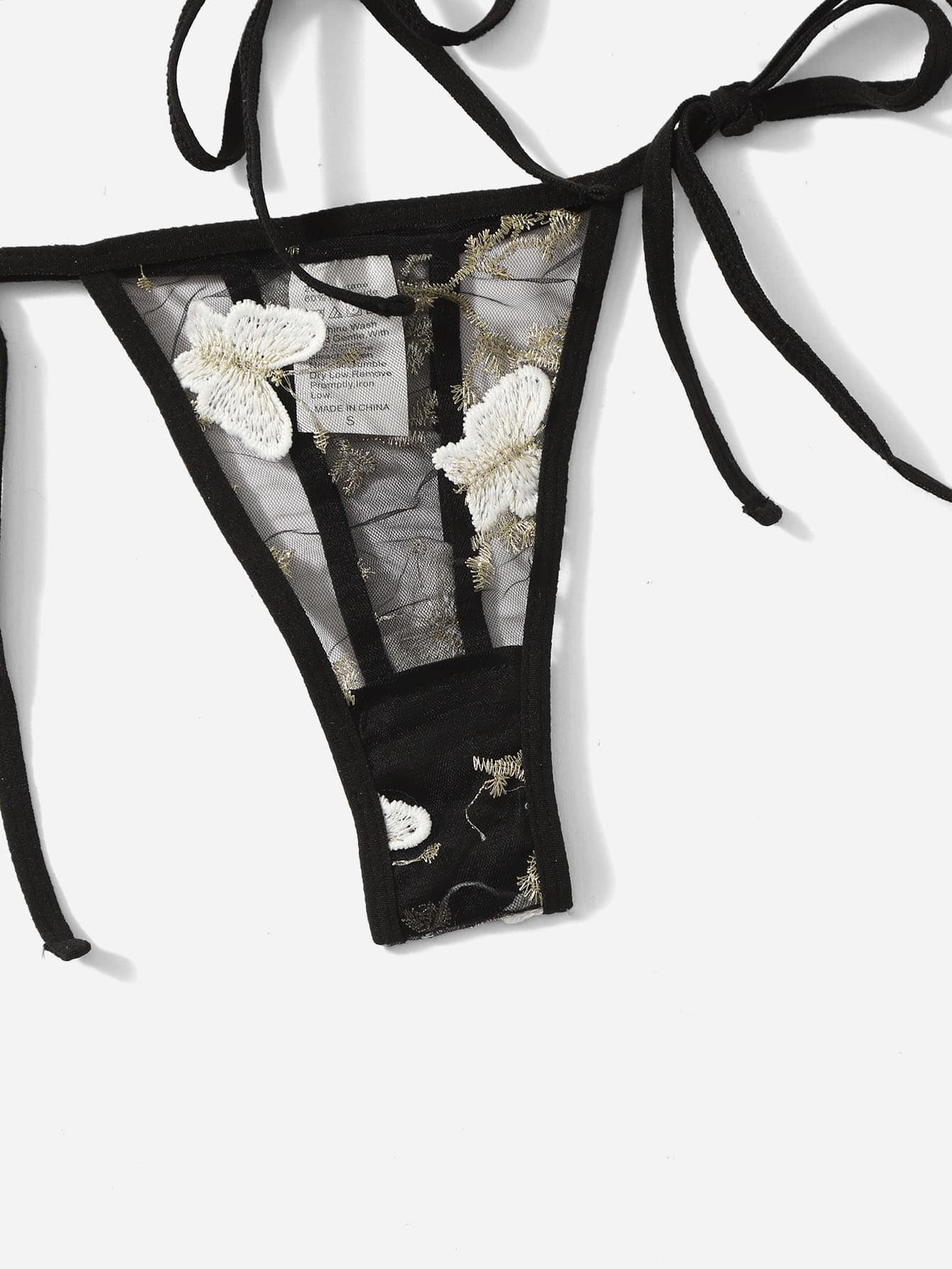 Women’s butterfly and floral embroidery mesh lingerie set with contrast lace, adjustable halter bralette, and matching low-rise thong, shown as a 2-piece semi-sheer set.