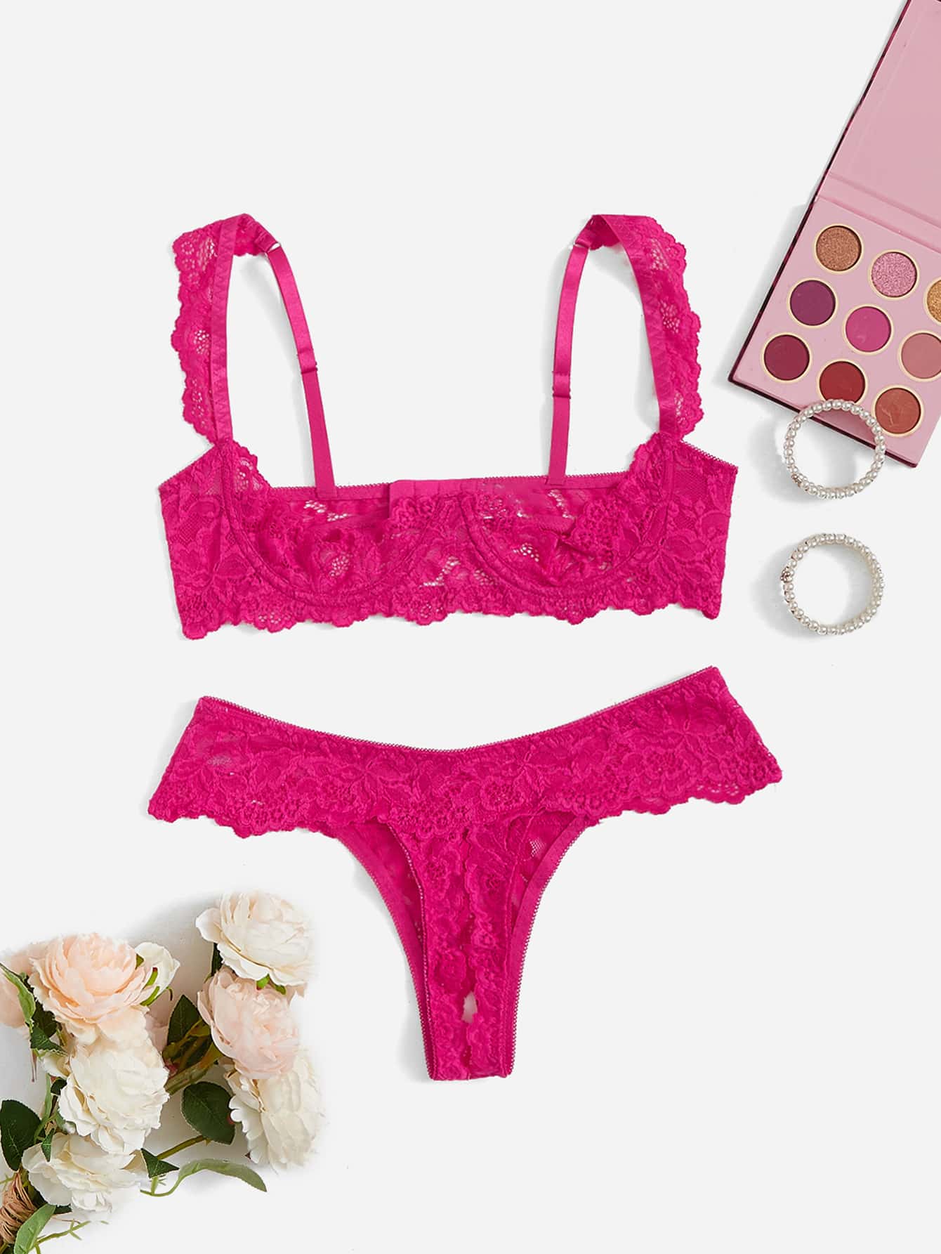 Women’s 2-piece contrast lace lingerie set with a sheer plain design, featuring an underwire open-cup bra with adjustable spaghetti straps and matching low-rise V-string panties.