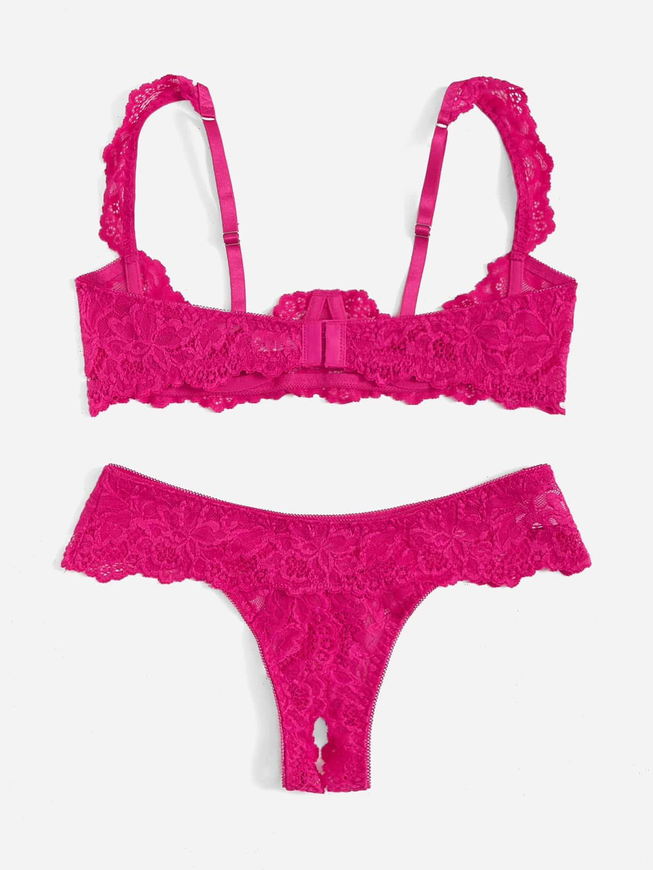 Women’s 2-piece contrast lace lingerie set with a sheer plain design, featuring an underwire open-cup bra with adjustable spaghetti straps and matching low-rise V-string panties.