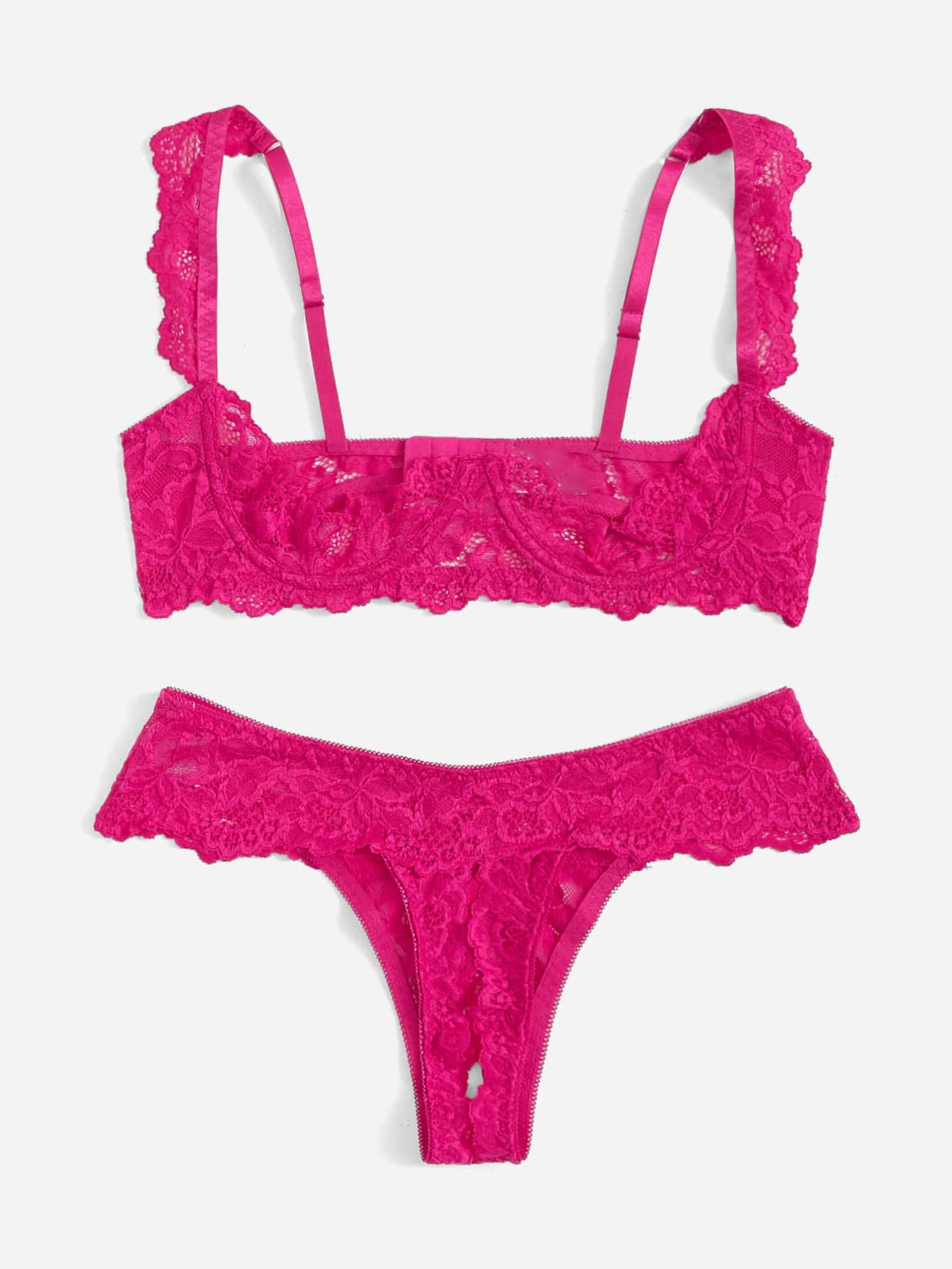 Women’s 2-piece contrast lace lingerie set with a sheer plain design, featuring an underwire open-cup bra with adjustable spaghetti straps and matching low-rise V-string panties.