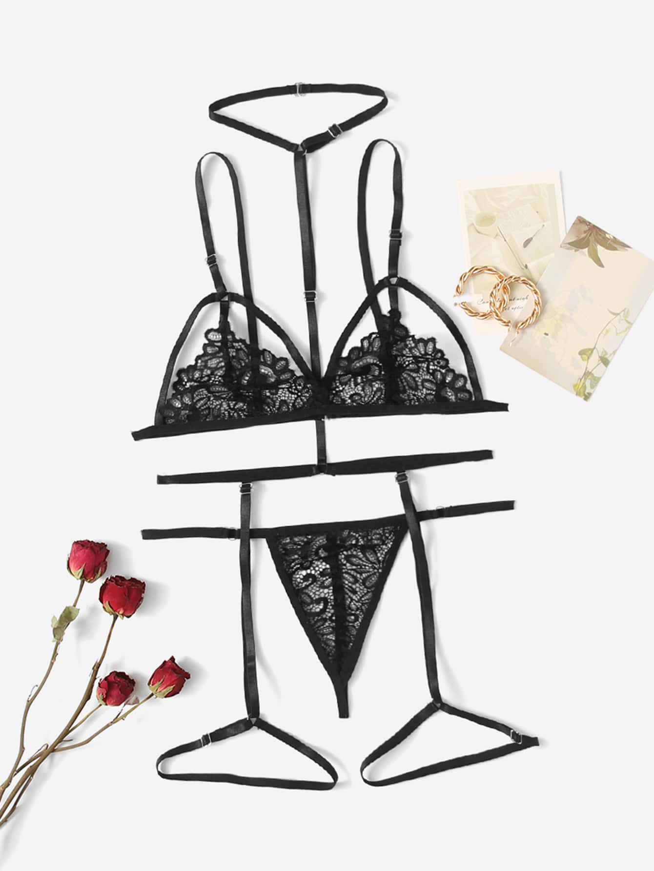 Floral lace underwire garter lingerie set with adjustable spaghetti straps and matching thong, shown as a 3-piece sexy lingerie set.