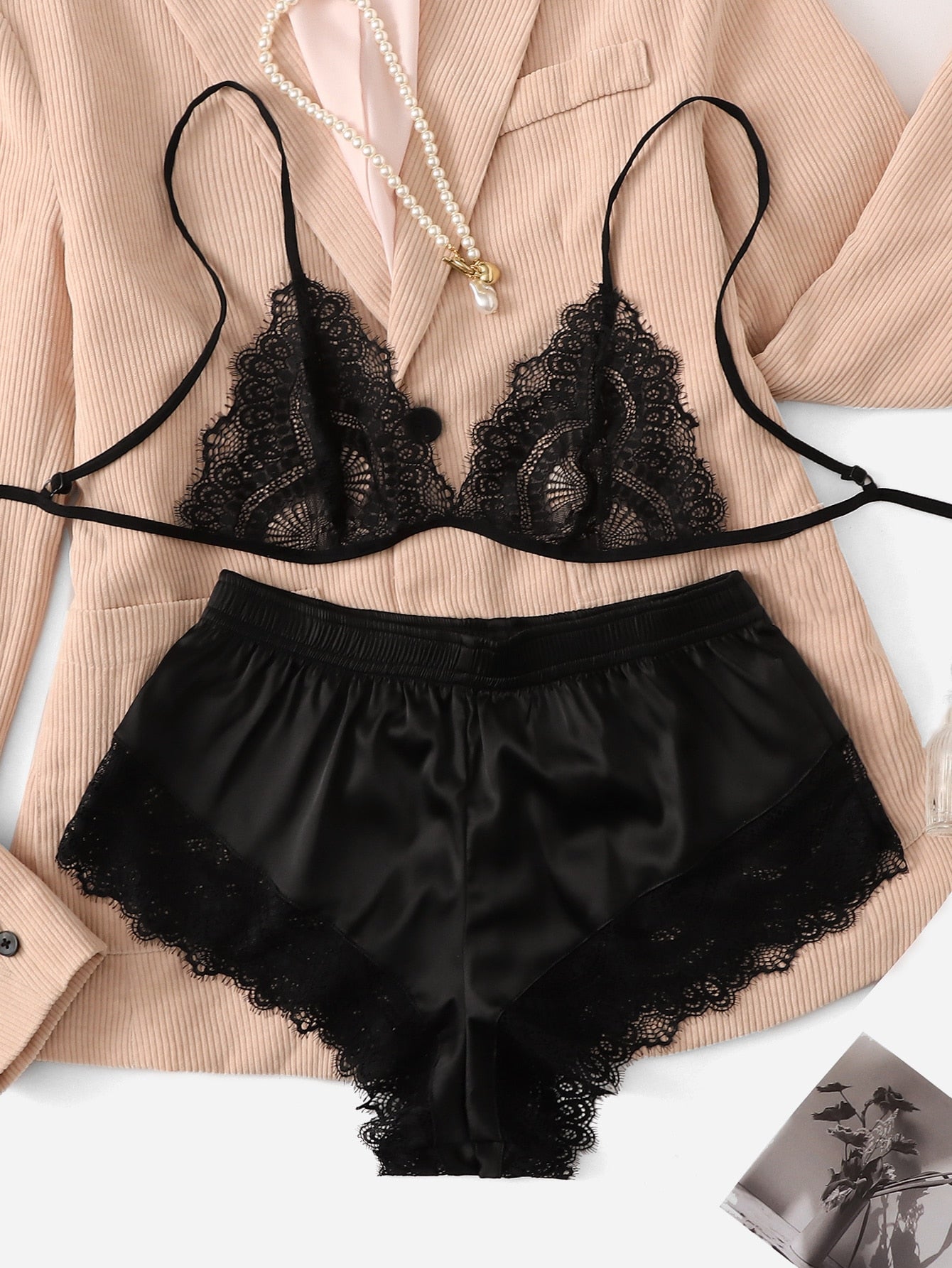 Lace Triangle Top & Shorts PJ Set / Pajama Set