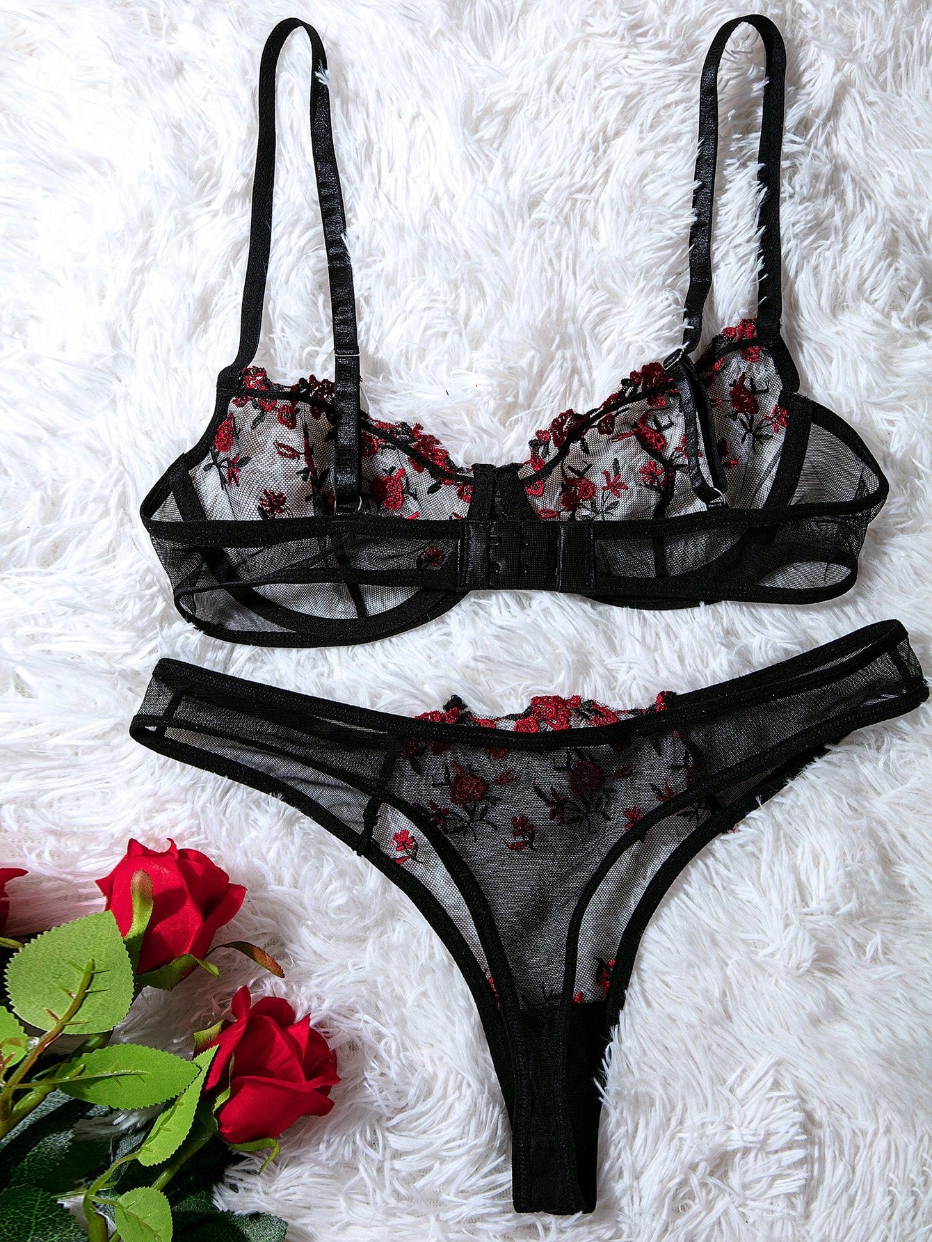 Two-piece women’s lingerie set with embroidered sheer mesh underwire balconette bra and matching mid-rise thong, featuring adjustable straps and slight stretch. Available in Black and Burgundy.