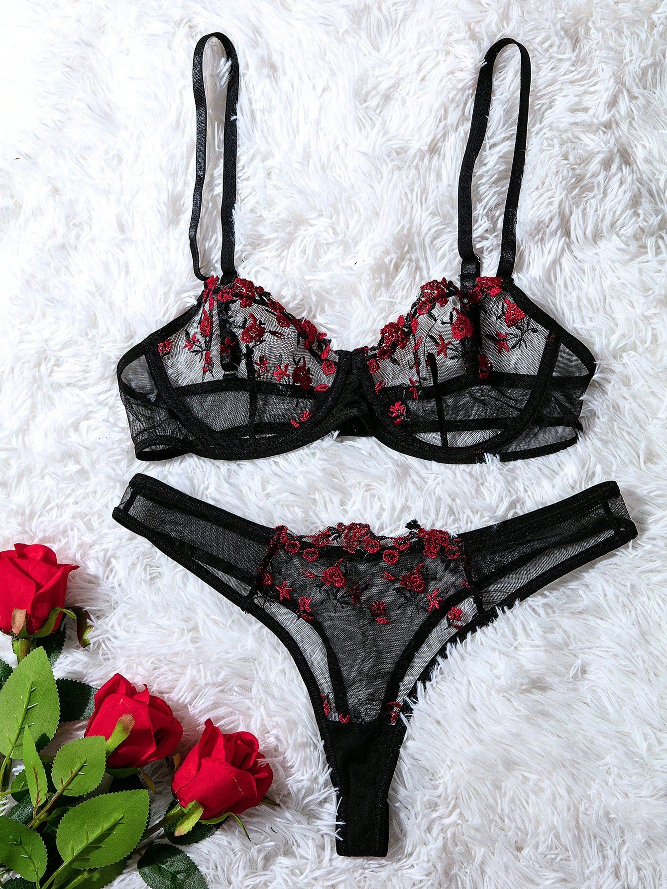 Two-piece women’s lingerie set with embroidered sheer mesh underwire balconette bra and matching mid-rise thong, featuring adjustable straps and slight stretch. Available in Black and Burgundy.