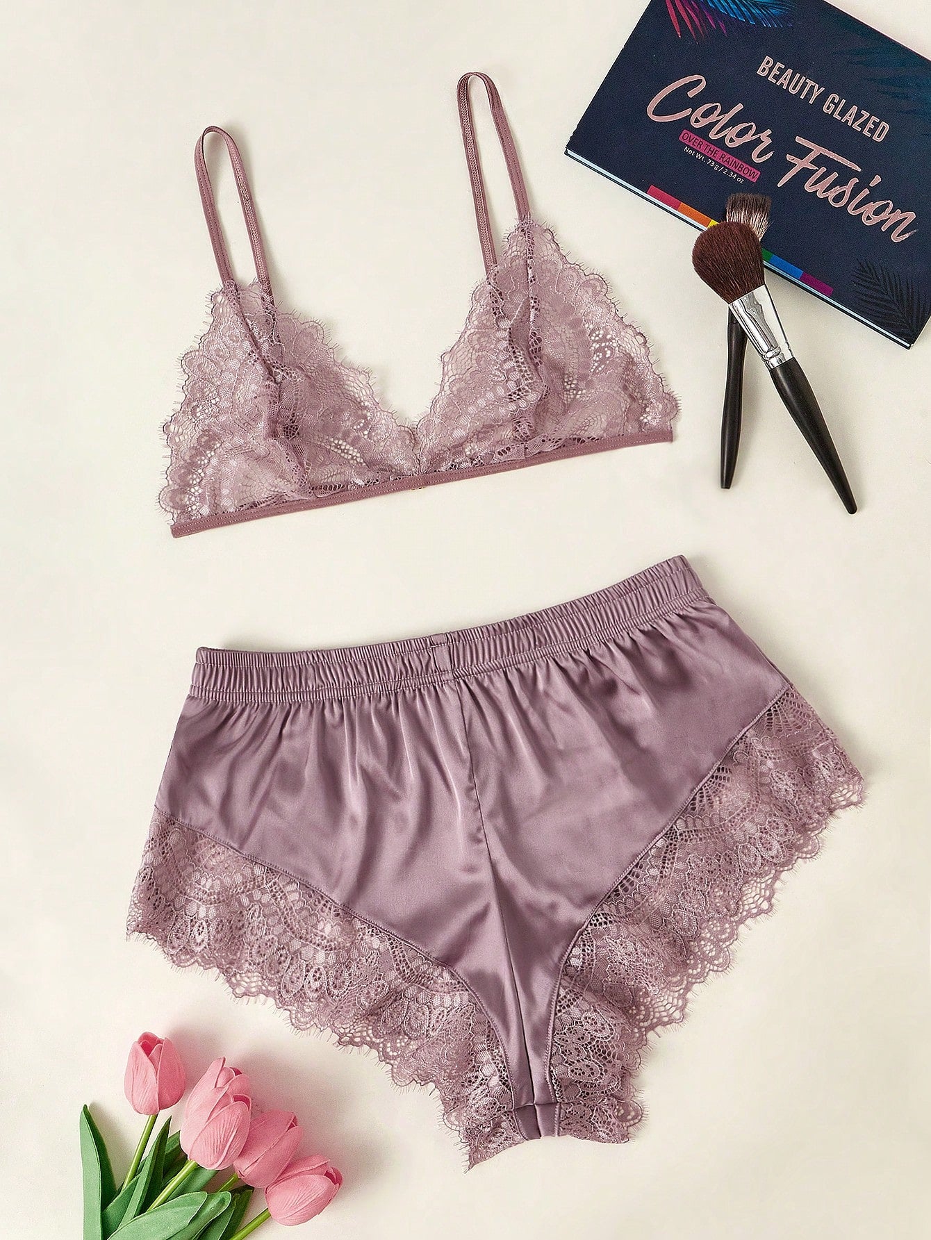Lace Triangle Top & Shorts PJ Set / Pajama Set