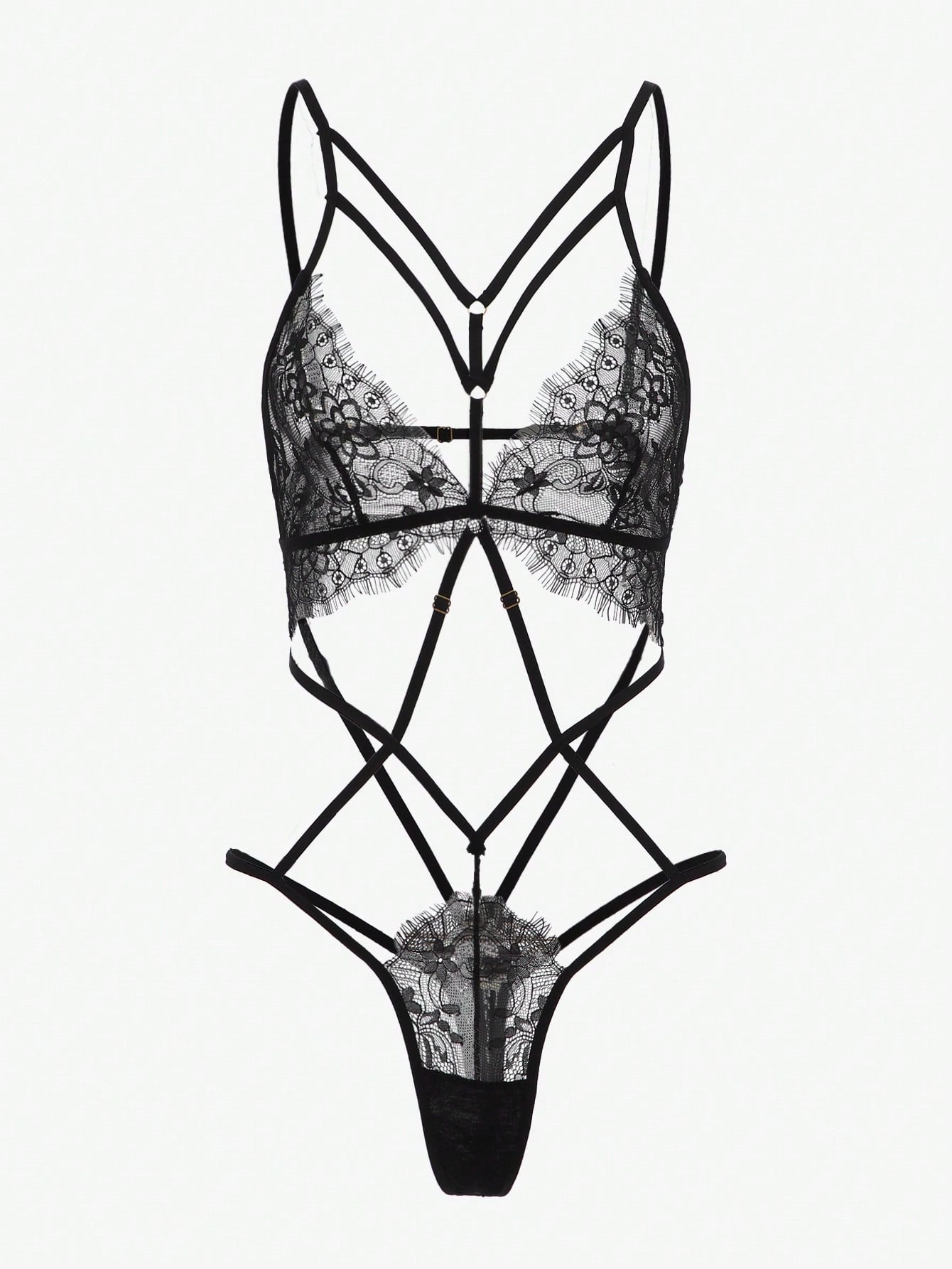Black floral lace teddy bodysuit lingerie with cut-out and backless design, criss-cross detail, sheer fabric, adjustable spaghetti straps, triangle cups, and high-rise V-string style.