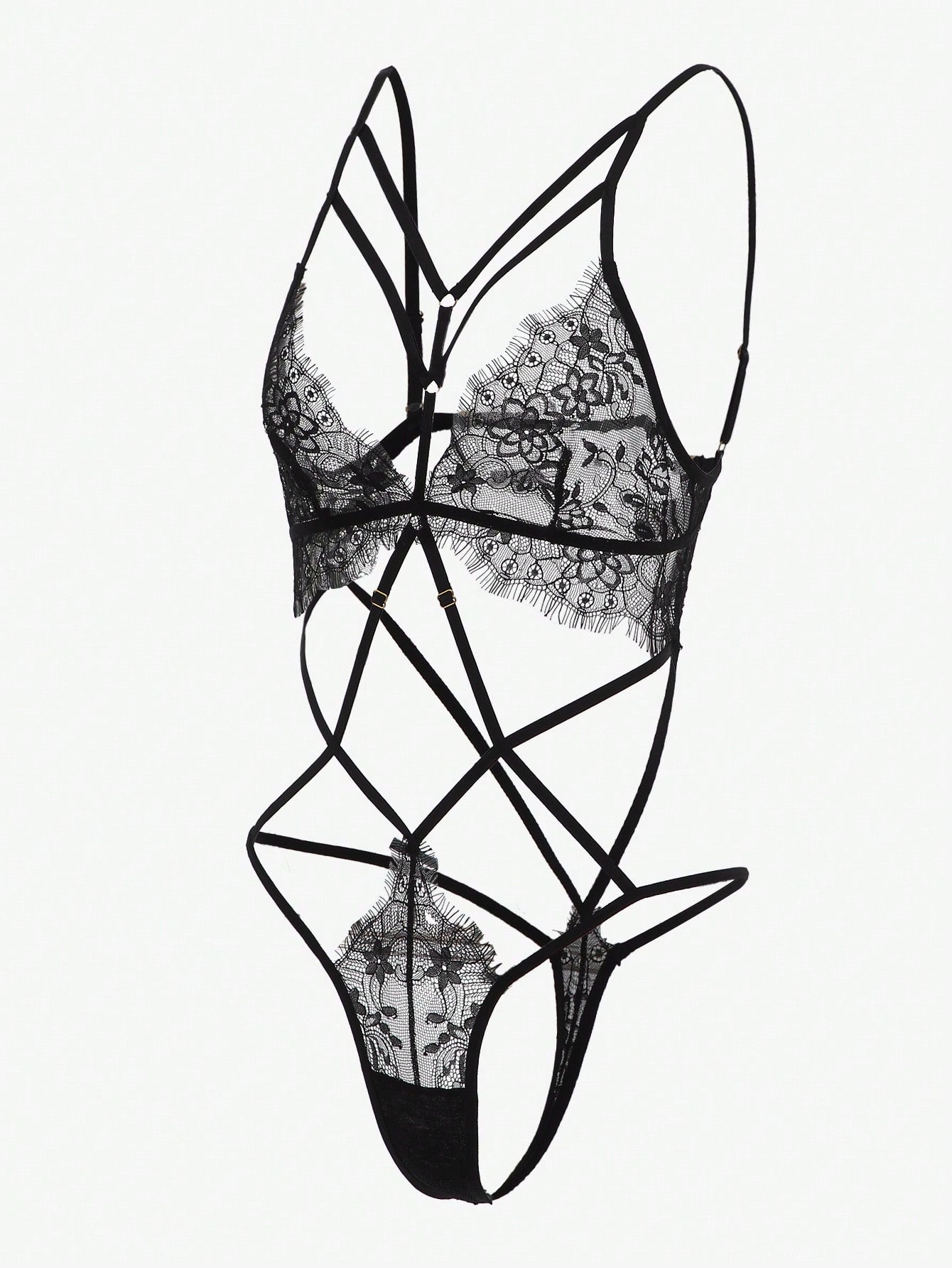 Black floral lace teddy bodysuit lingerie with cut-out and backless design, criss-cross detail, sheer fabric, adjustable spaghetti straps, triangle cups, and high-rise V-string style.