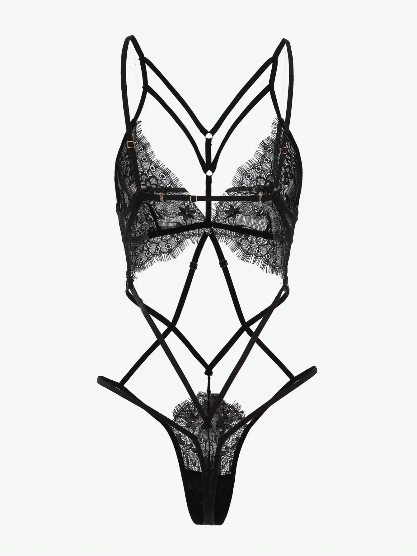 Black floral lace teddy bodysuit lingerie with cut-out and backless design, criss-cross detail, sheer fabric, adjustable spaghetti straps, triangle cups, and high-rise V-string style.