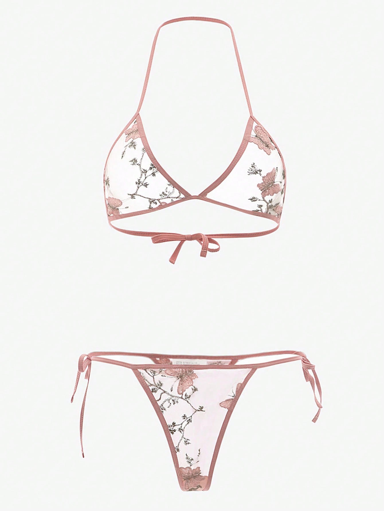 Women’s butterfly and floral embroidery mesh lingerie set with contrast lace, adjustable halter bralette, and matching low-rise thong, shown as a 2-piece semi-sheer set.