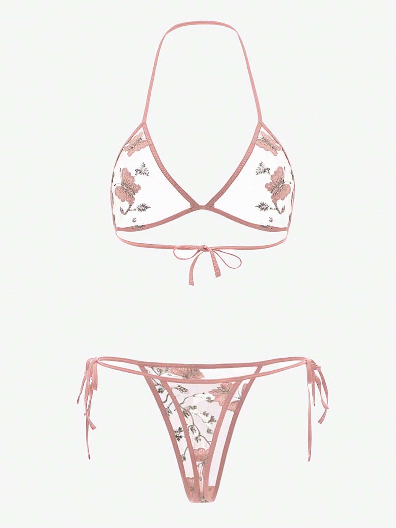 Women’s butterfly and floral embroidery mesh lingerie set with contrast lace, adjustable halter bralette, and matching low-rise thong, shown as a 2-piece semi-sheer set.