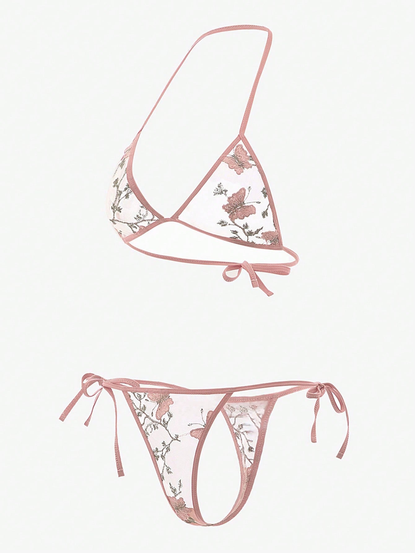 Women’s butterfly and floral embroidery mesh lingerie set with contrast lace, adjustable halter bralette, and matching low-rise thong, shown as a 2-piece semi-sheer set.
