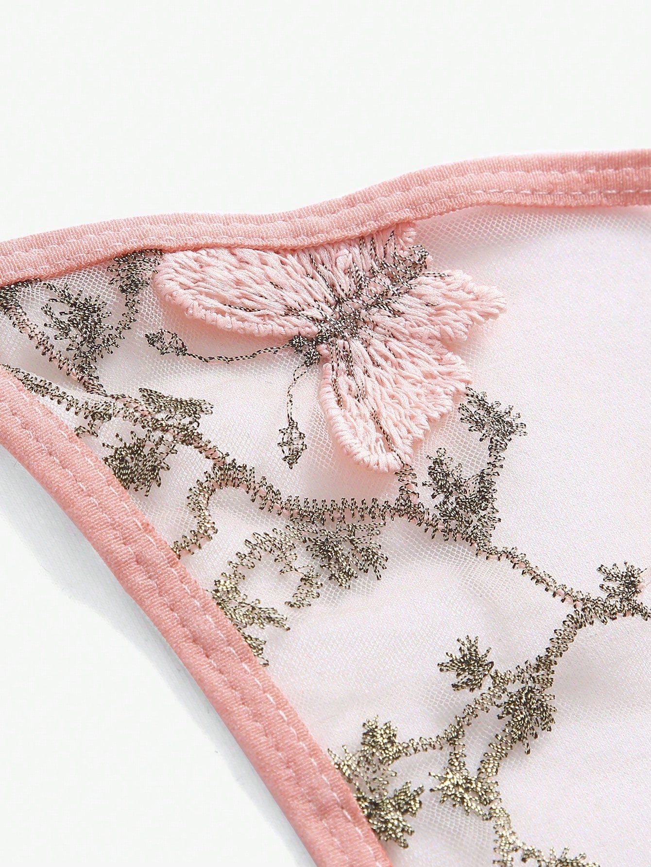 Women’s butterfly and floral embroidery mesh lingerie set with contrast lace, adjustable halter bralette, and matching low-rise thong, shown as a 2-piece semi-sheer set.
